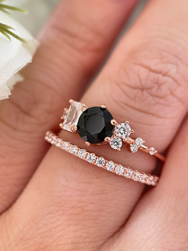 【Flora Set】Handmade Natural Black Onyx Engagement Ring Set 2pcs 0.8ct Round Cut