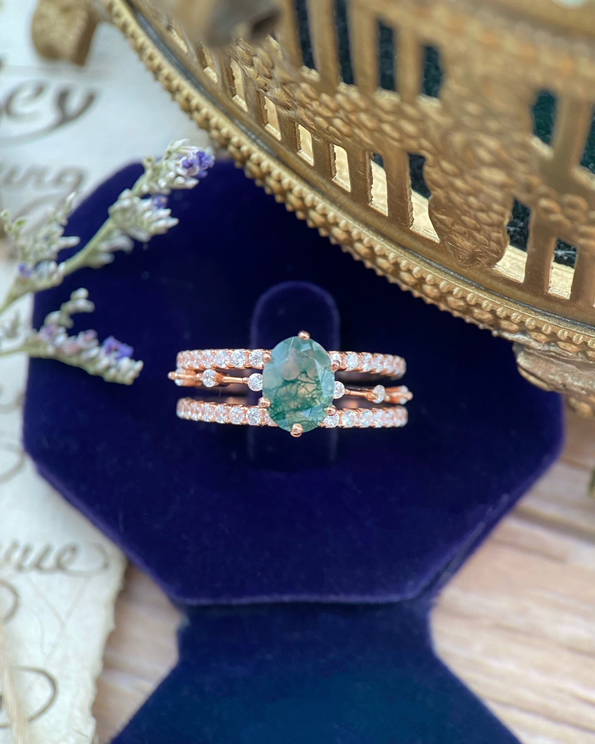 【Ensemble Rootkeeper】Ensemble unique de bagues de fiançailles en agate mousse naturelle faite à la main, 3 pièces, 1,5 ct, forme ovale
