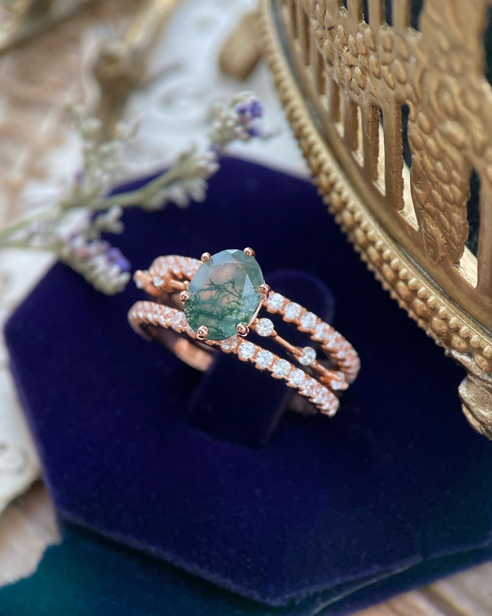 【Ensemble Rootkeeper】Ensemble unique de bagues de fiançailles en agate mousse naturelle faite à la main, 3 pièces, 1,5 ct, forme ovale