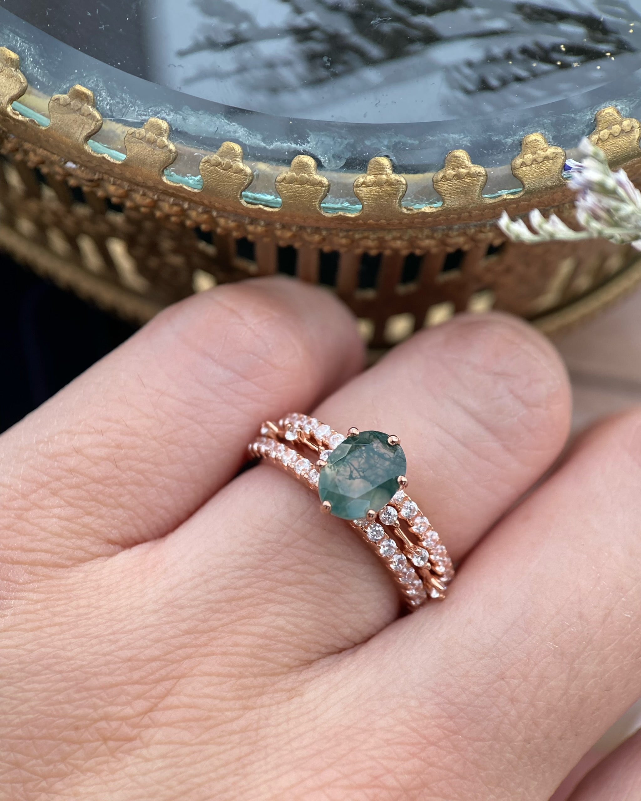 【Ensemble Rootkeeper】Ensemble unique de bagues de fiançailles en agate mousse naturelle faite à la main, 3 pièces, 1,5 ct, forme ovale
