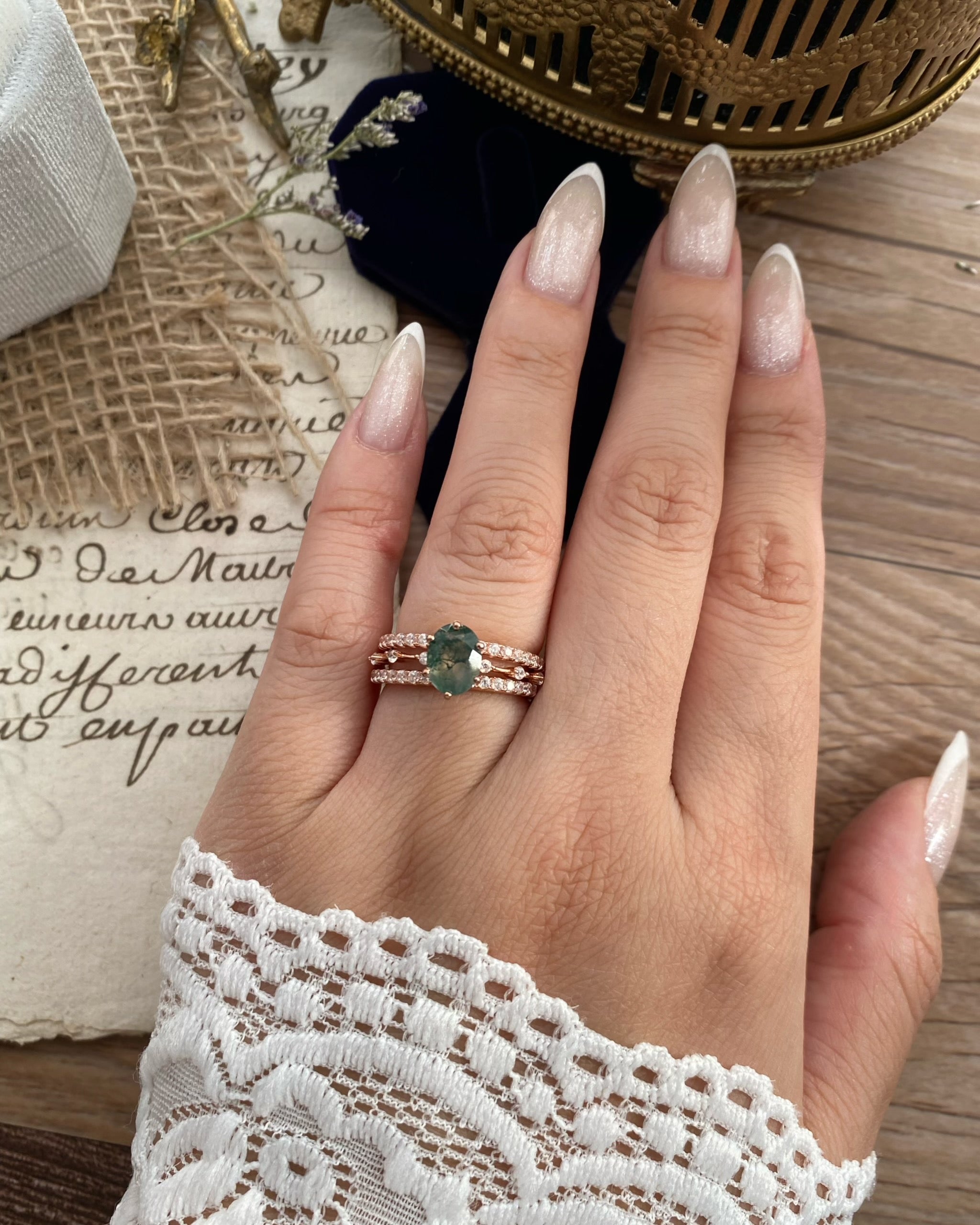 【Ensemble Rootkeeper】Ensemble unique de bagues de fiançailles en agate mousse naturelle faite à la main, 3 pièces, 1,5 ct, forme ovale