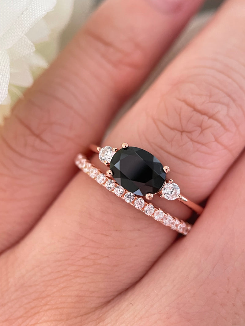 【Onyx Vertex Set】Handmade Natural Black Onyx Engagement Ring Set 2pcs 1.5ct Oval Cut
