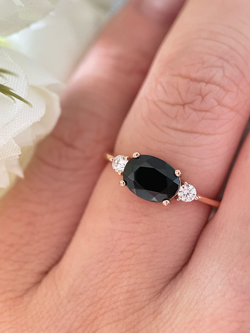 【Onyx Vertex】Bague de fiançailles ovale en onyx noir naturel fait main, 1,5 ct