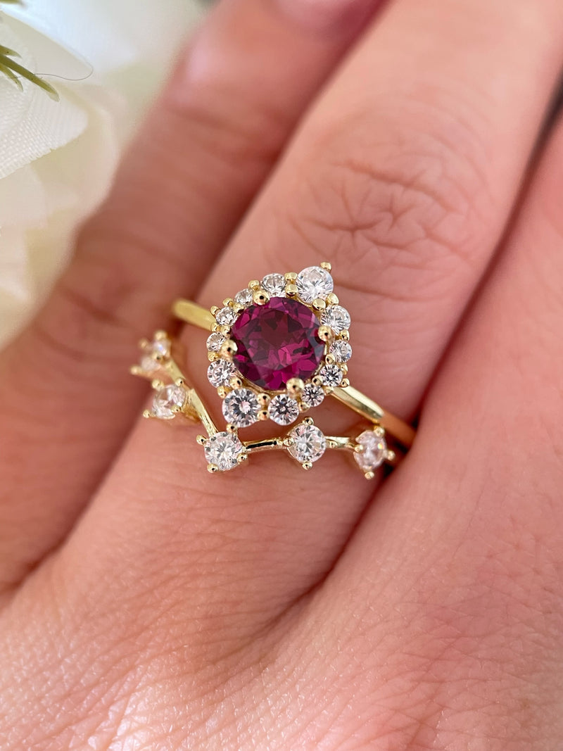 【Ensemble Cerise】Ensemble de 2 bagues de fiançailles en grenat rhodolite naturel fait main, 0,8 ct, forme ronde