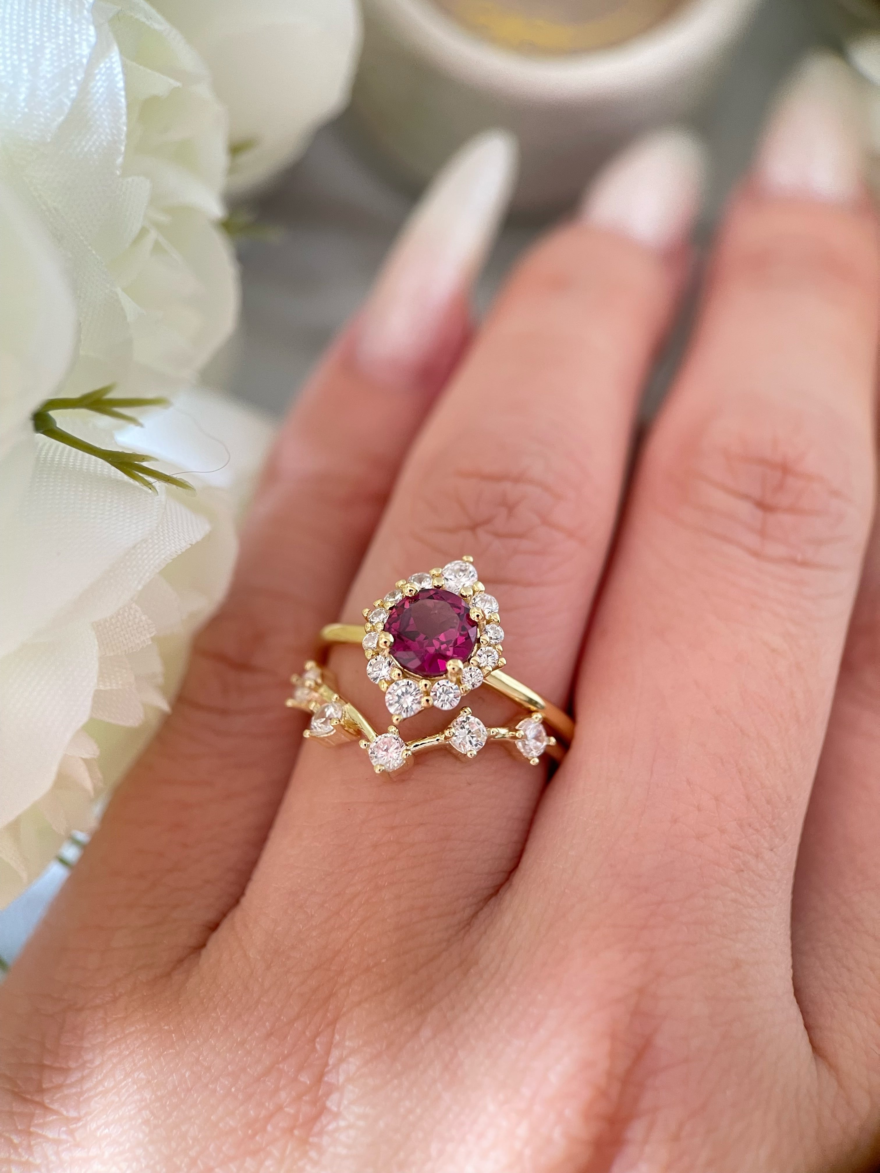 【Cerise Set】Handmade Natural Rhodolite Garnet Engagement Ring Set 2pcs0.8ct Round Cut