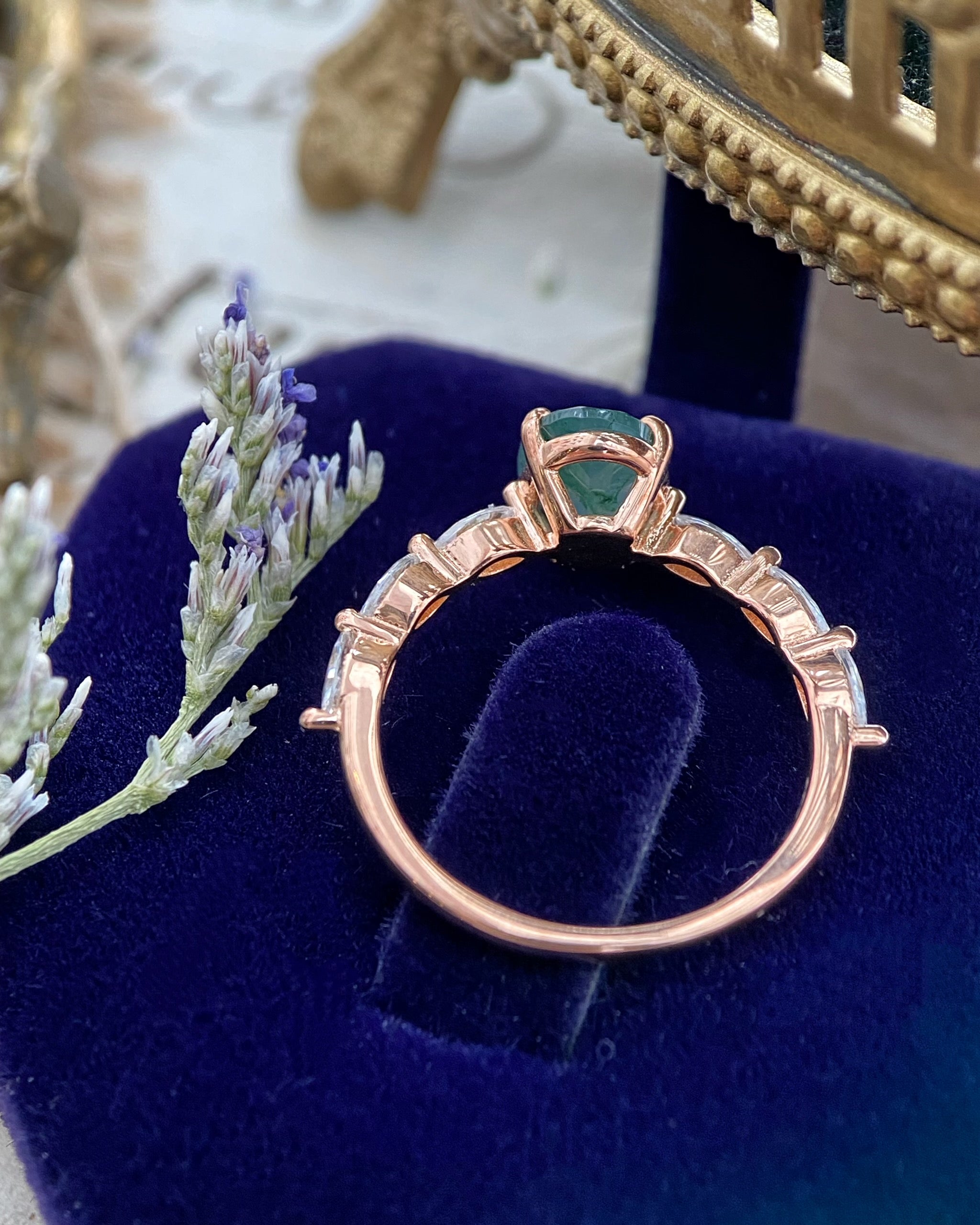 【Greenwood】Bague de fiançailles unique en agate mousse naturelle faite à la main, 1,5 ct, forme ovale