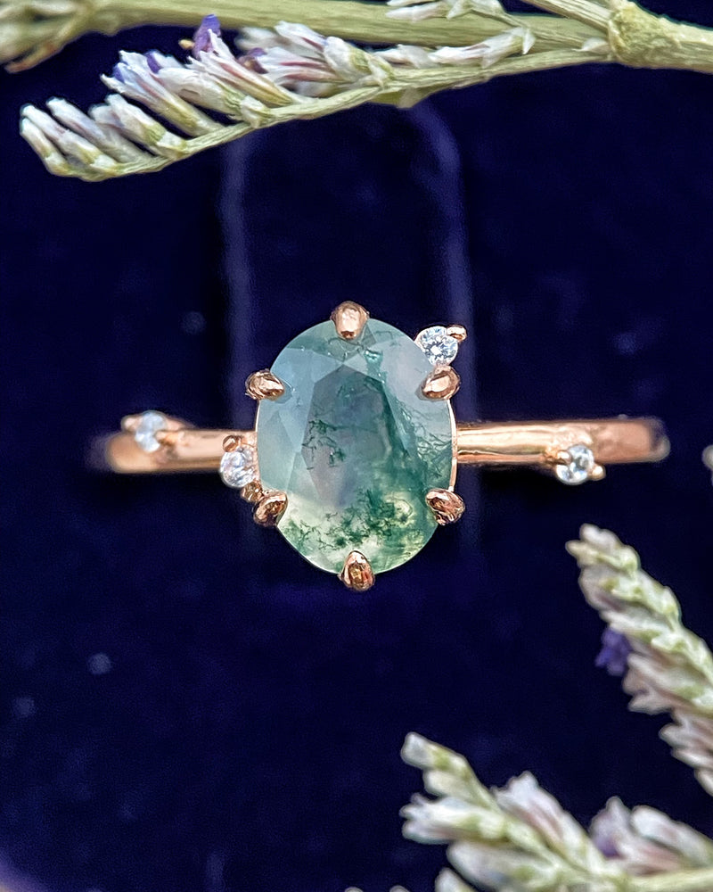 【Arbor】Bague de fiançailles unique en agate mousse naturelle faite à la main, 1,5 ct, forme ovale