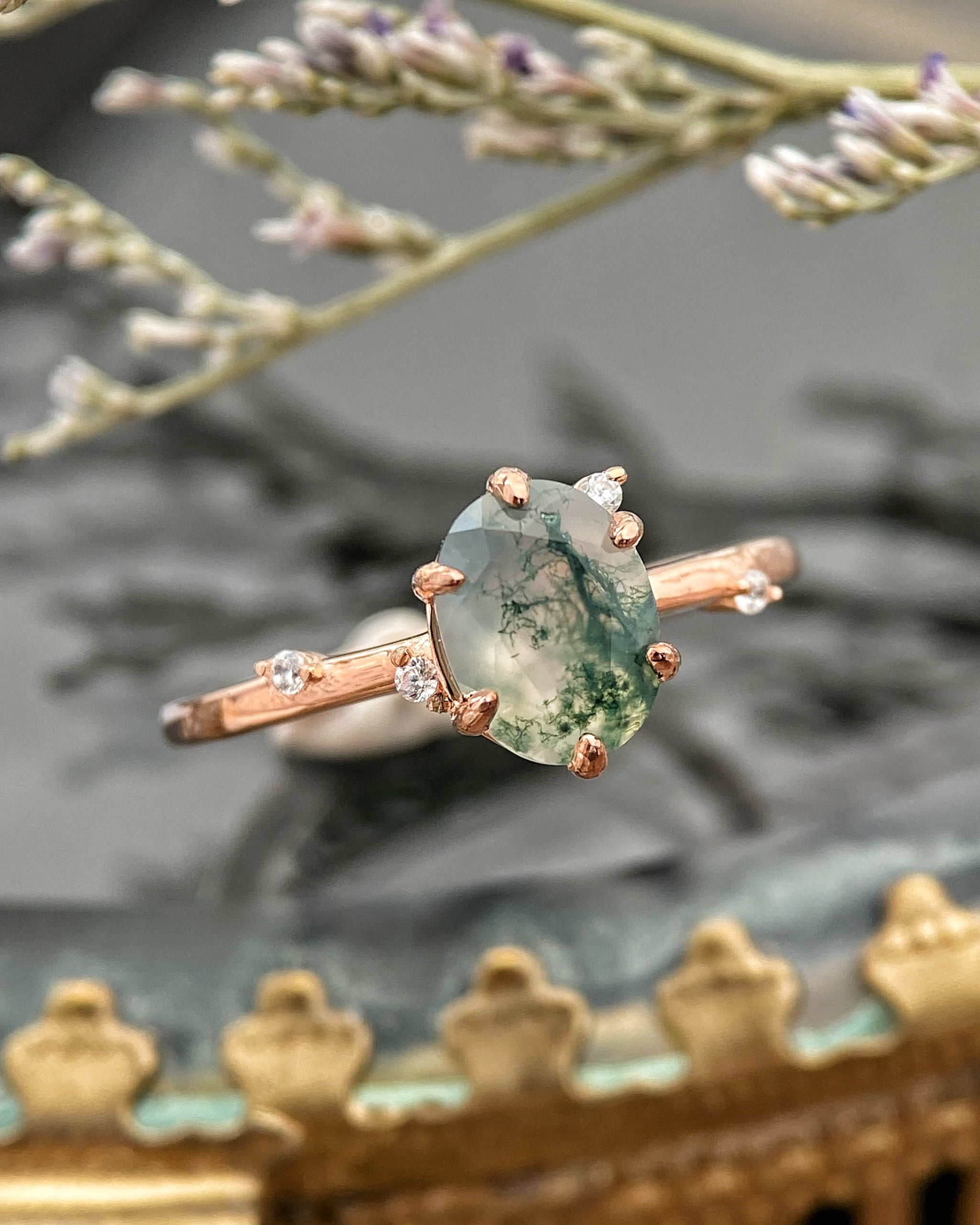 【Arbor】Bague de fiançailles unique en agate mousse naturelle faite à la main, 1,5 ct, forme ovale