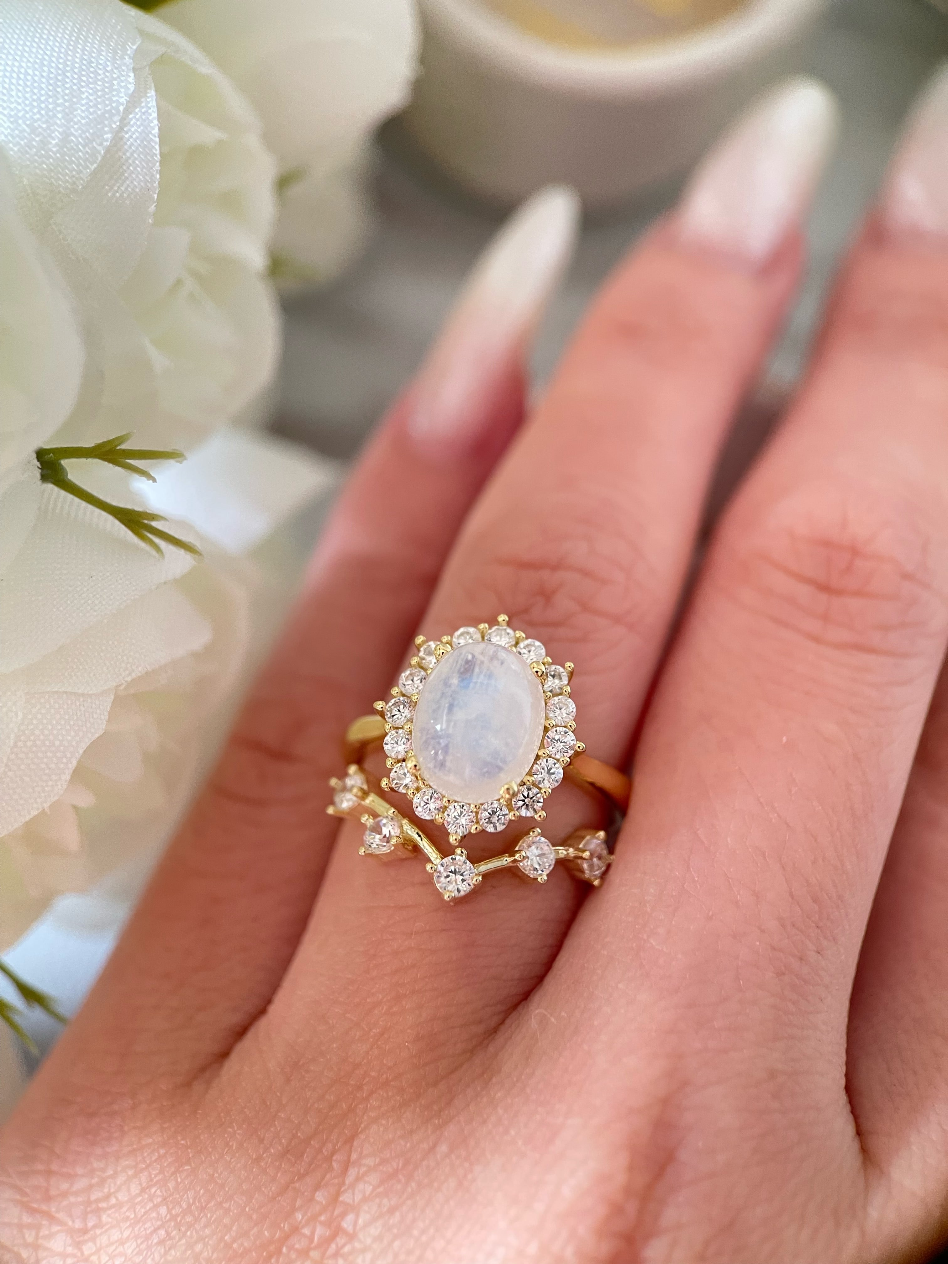 【SELENE SET】Unique Handmade Natural Blue Moonstone Engagement Ring Set 2pcs Oval Cut 3ct