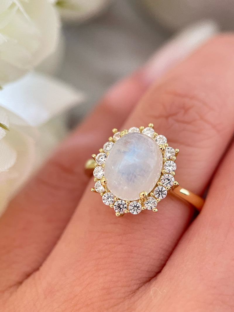 【SELENE】Bague de fiançailles unique, faite main, en pierre de lune bleue naturelle ovale de 3 carats 