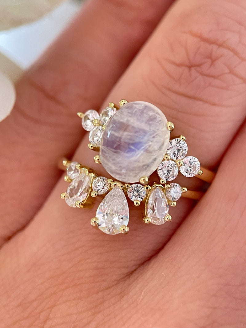 【DIANA SET】Unique Handmade Natural Blue Moonstone Engagement Ring Set 2pcs 3ct Oval Cut