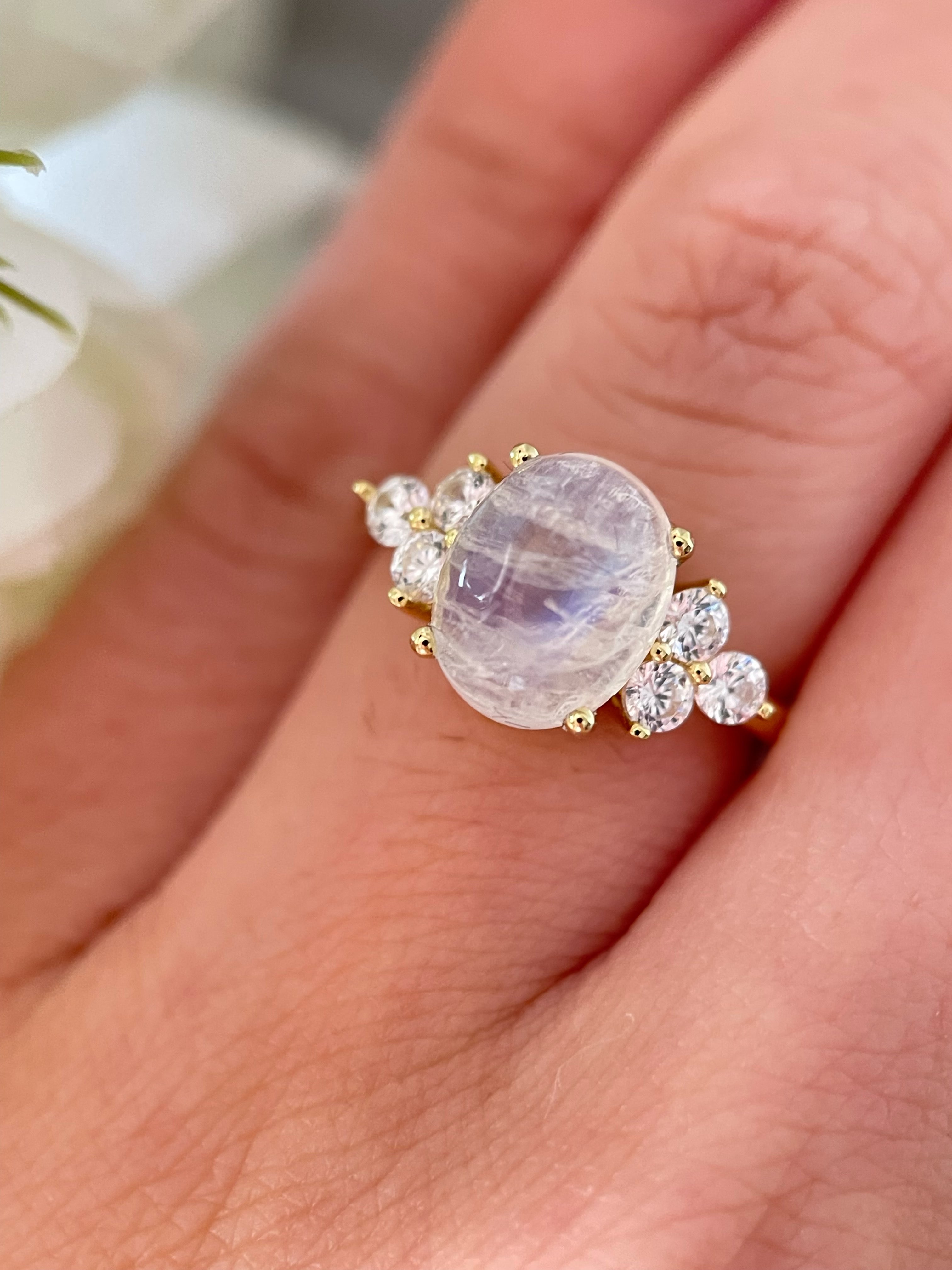 【DIANA】Unique Handmade Natural Blue Moonstone Engagement Ring 3ct Oval Cut
