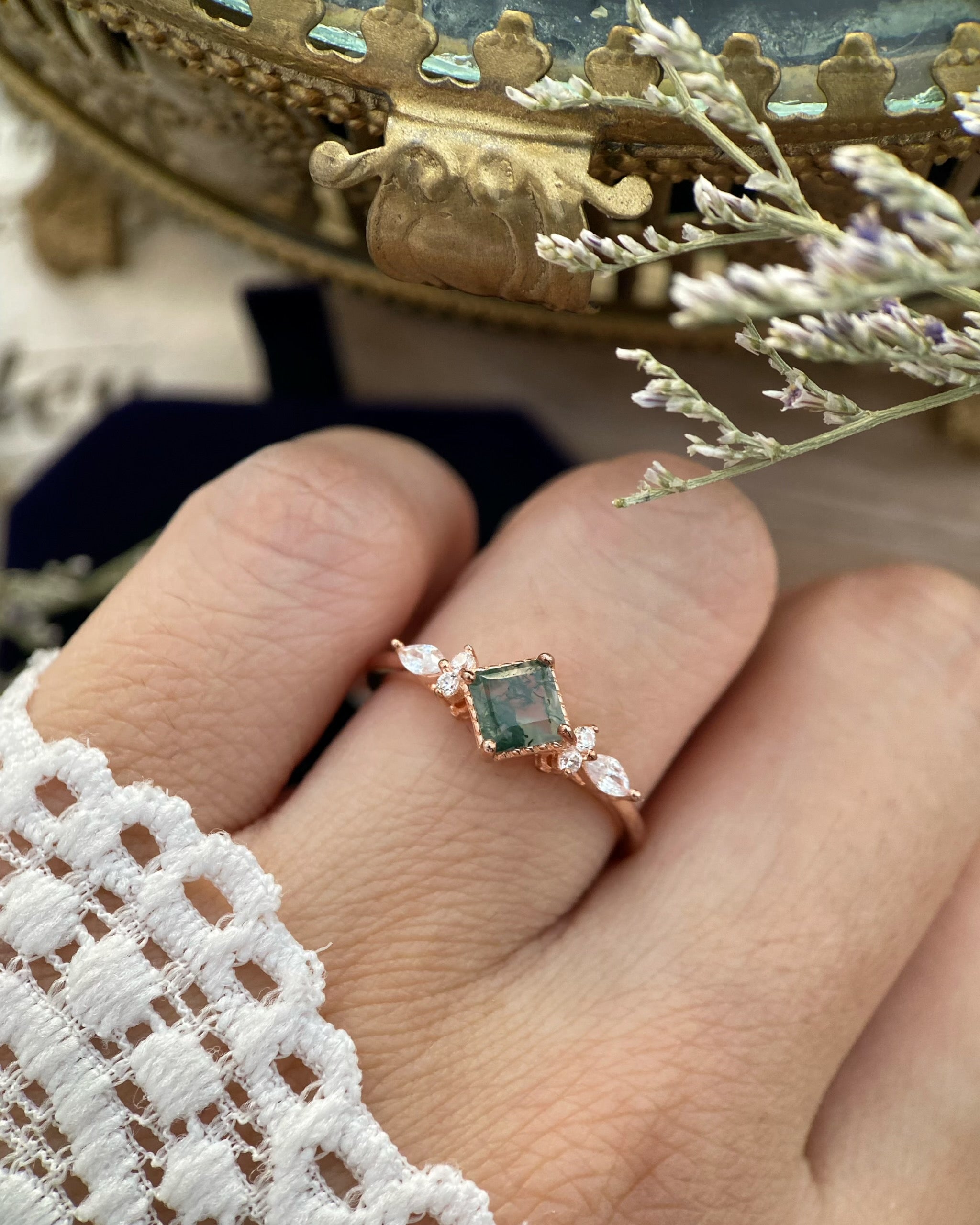 【GAIA】Unique Handmade Natural Moss Agate Engagement Ring 0.75ct Princess Cut