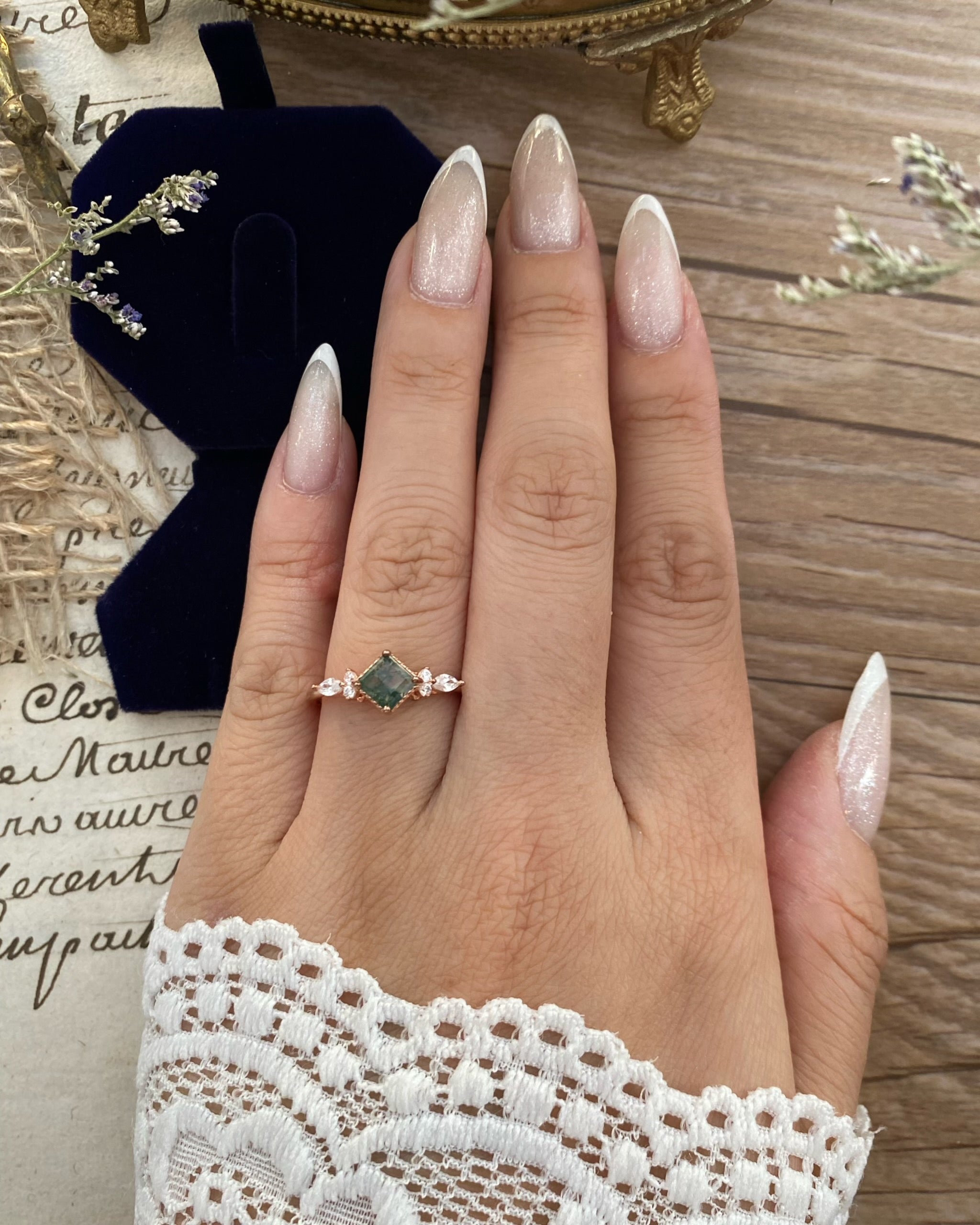 【GAIA】Unique Handmade Natural Moss Agate Engagement Ring 0.75ct Princess Cut