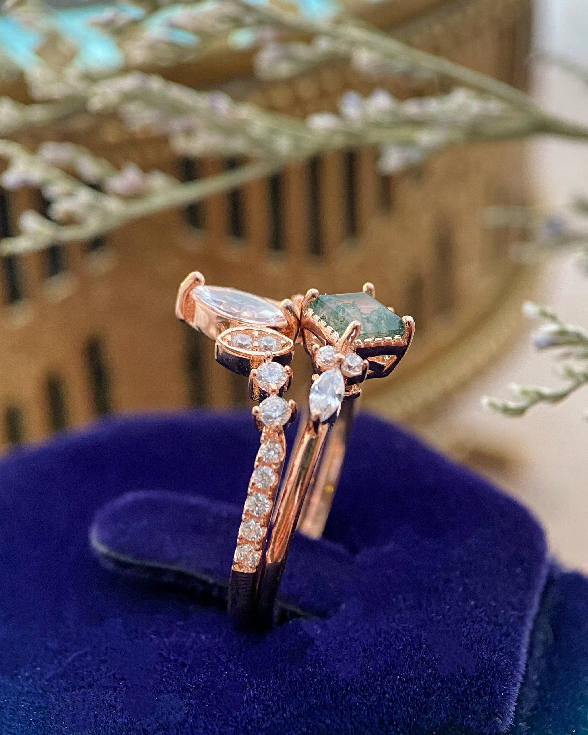 【GAIA SET】Unique Handmade Natural Moss Agate Engagement Ring Set 2pcs 0.75ct Princess Cut
