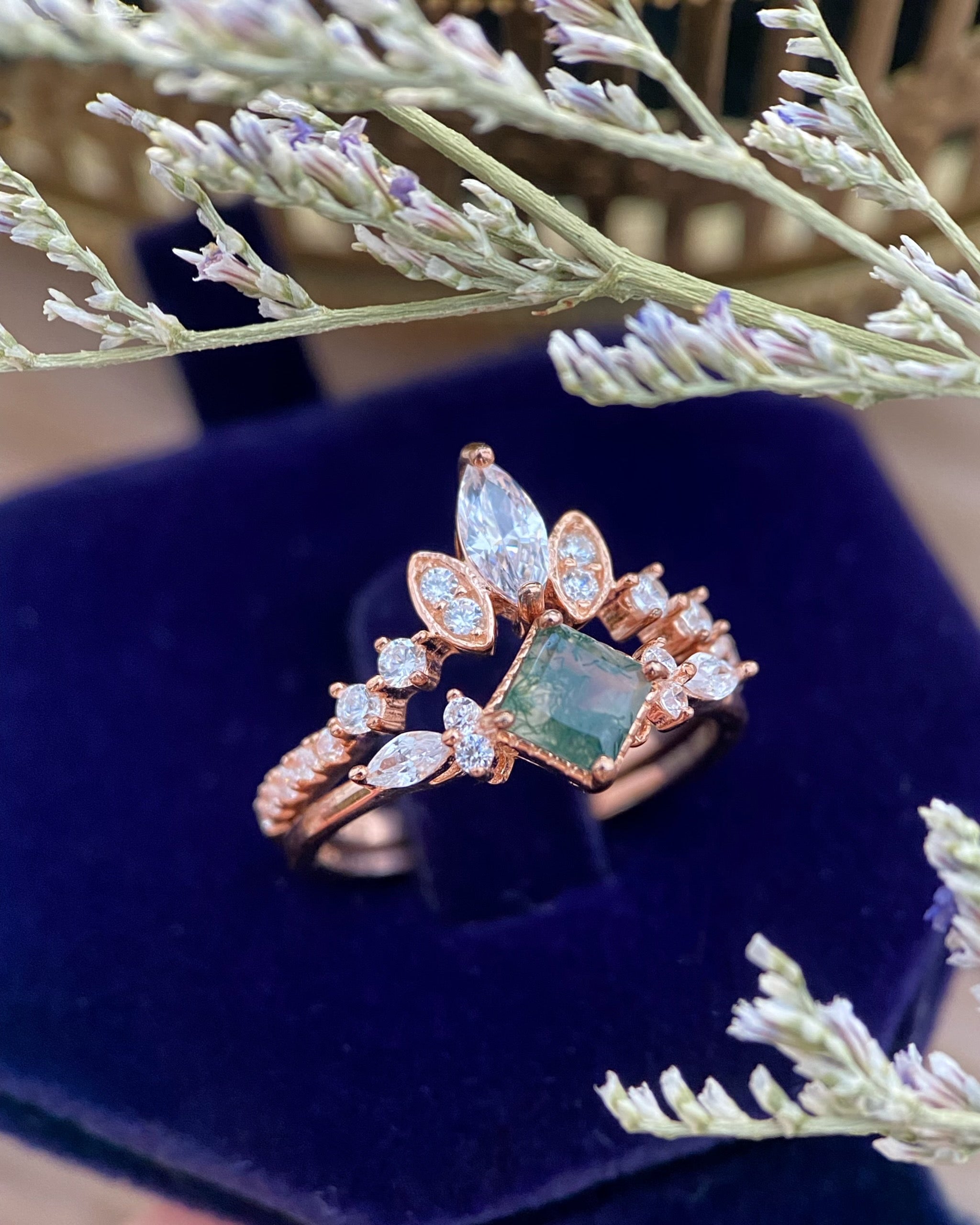 【GAIA SET】Unique Handmade Natural Moss Agate Engagement Ring Set 2pcs 0.75ct Princess Cut