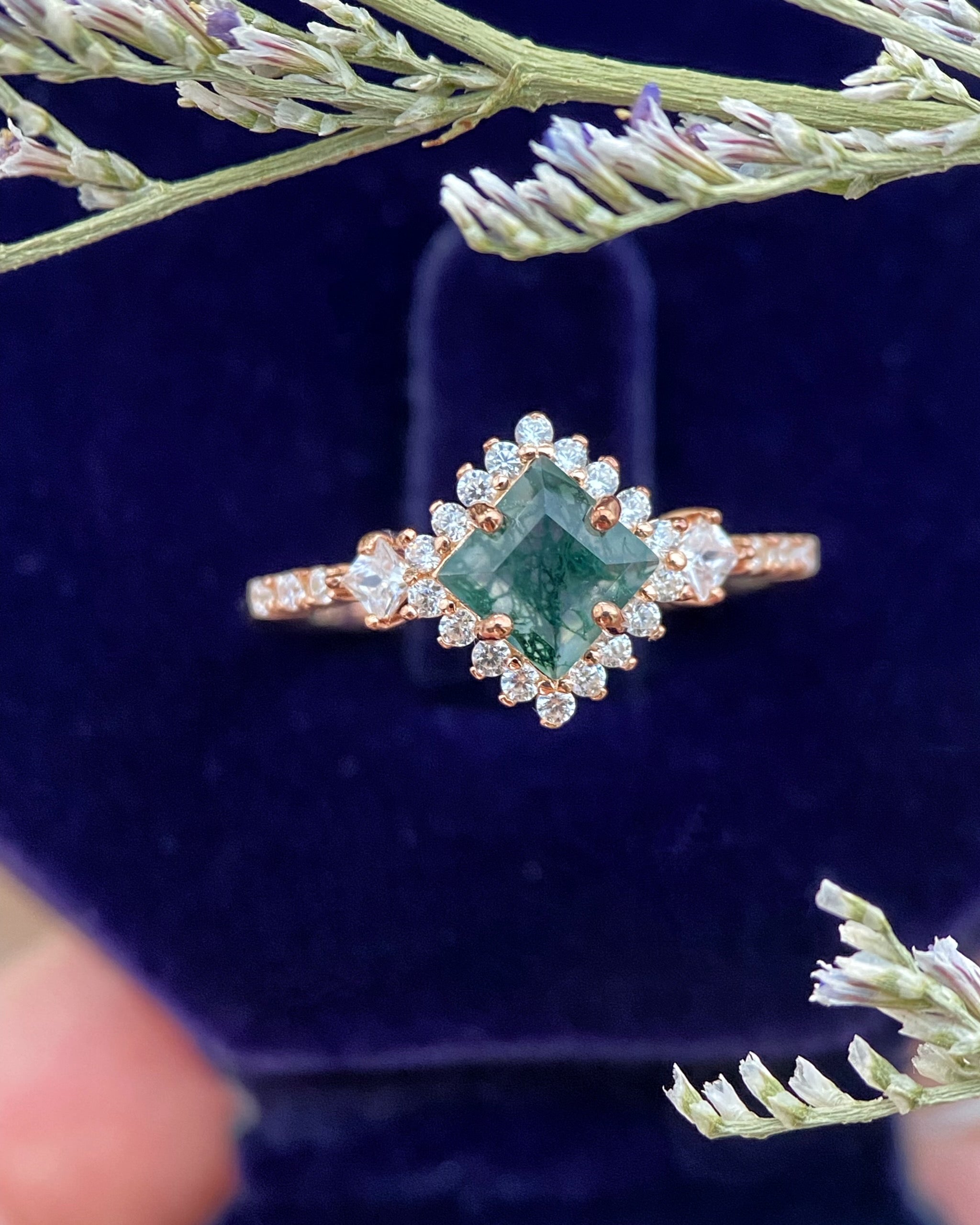 【RHIANNON】Unique Handmade Natural Moss Agate Engagement Ring Princess Cut 0.75ct