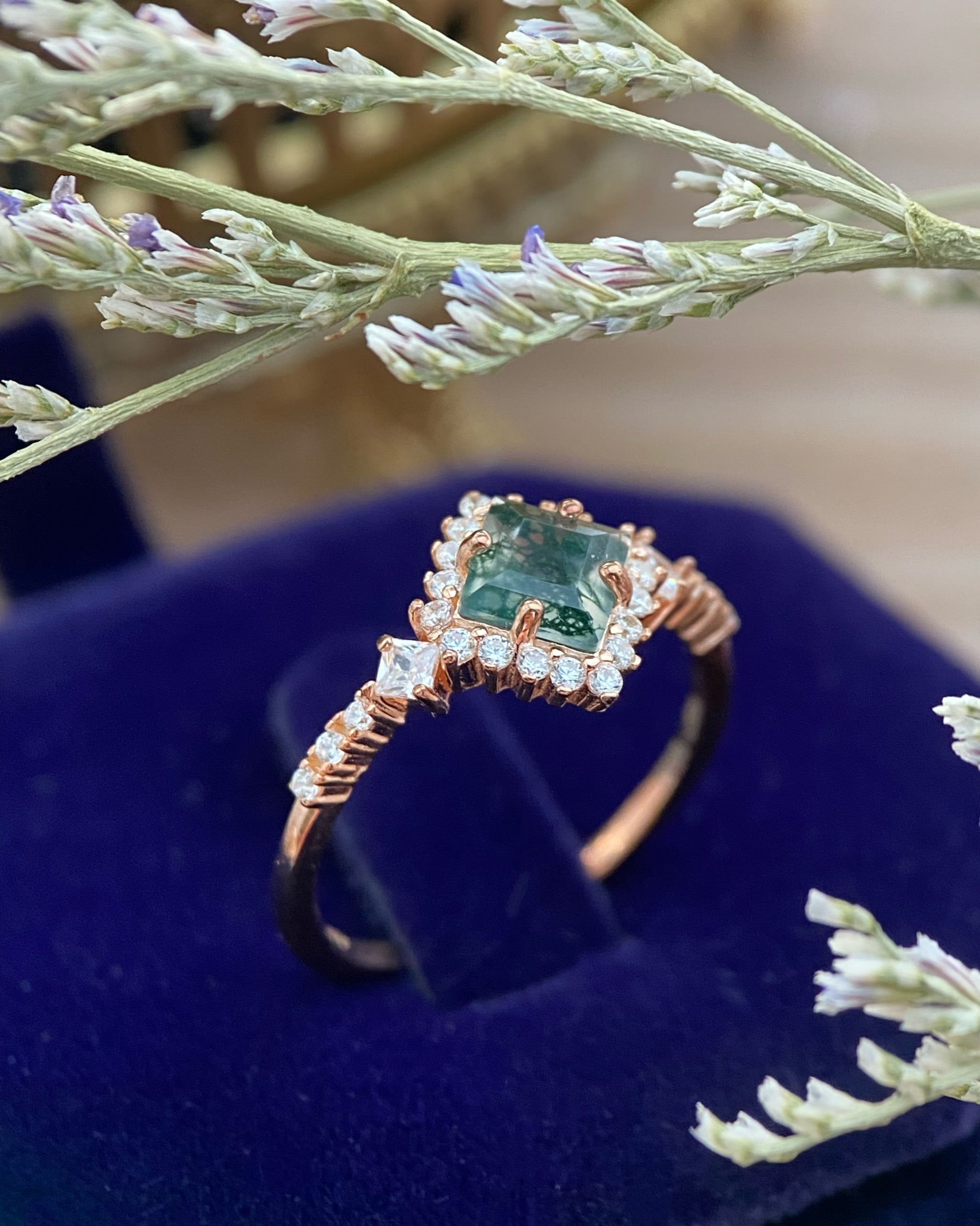 RHIANNON | Unique Handmade Natural Moss Agate Engagement Ring Princess Cut 0.75ct