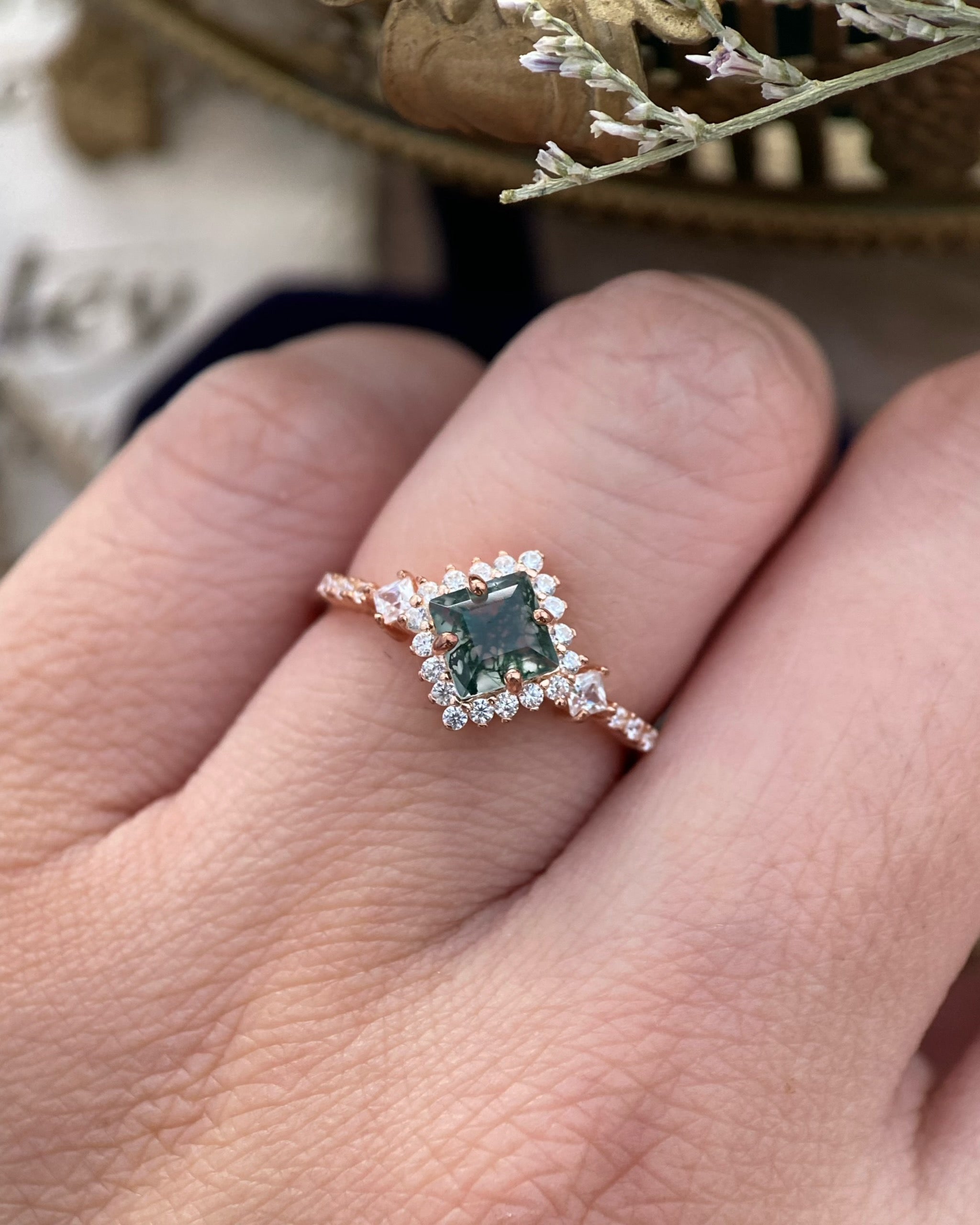 【RHIANNON】Unique Handmade Natural Moss Agate Engagement Ring Princess Cut 0.75ct