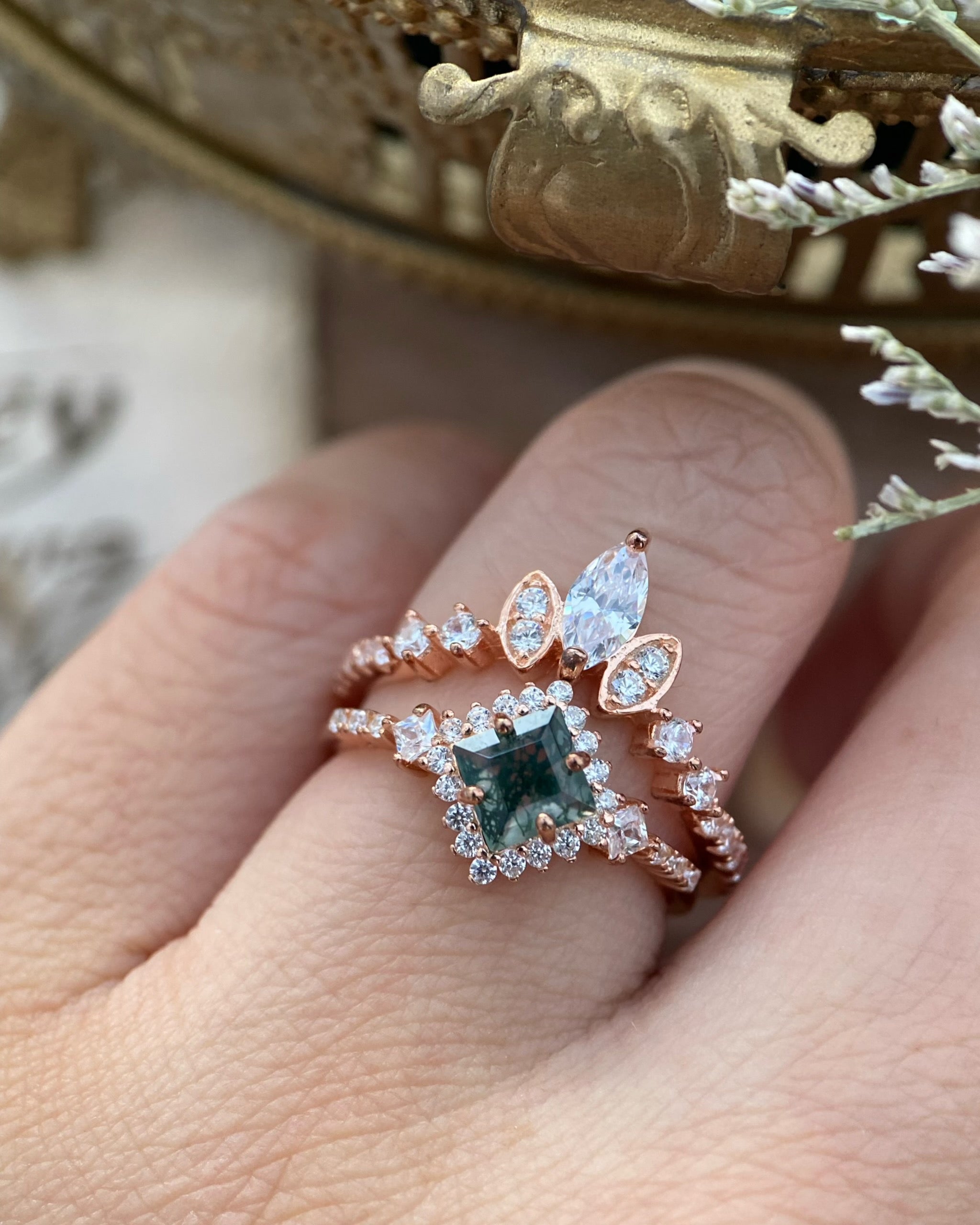 【RHIANNON SET】Unique Handmade Natural Moss Agate Engagement Ring Set 2pcs Princess Cut 0.75ct