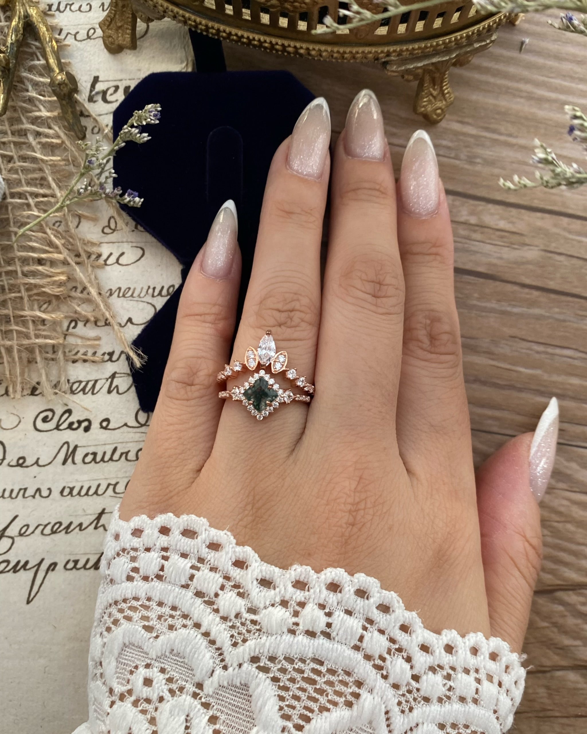 【RHIANNON SET】Unique Handmade Natural Moss Agate Engagement Ring Set 2pcs Princess Cut 0.75ct