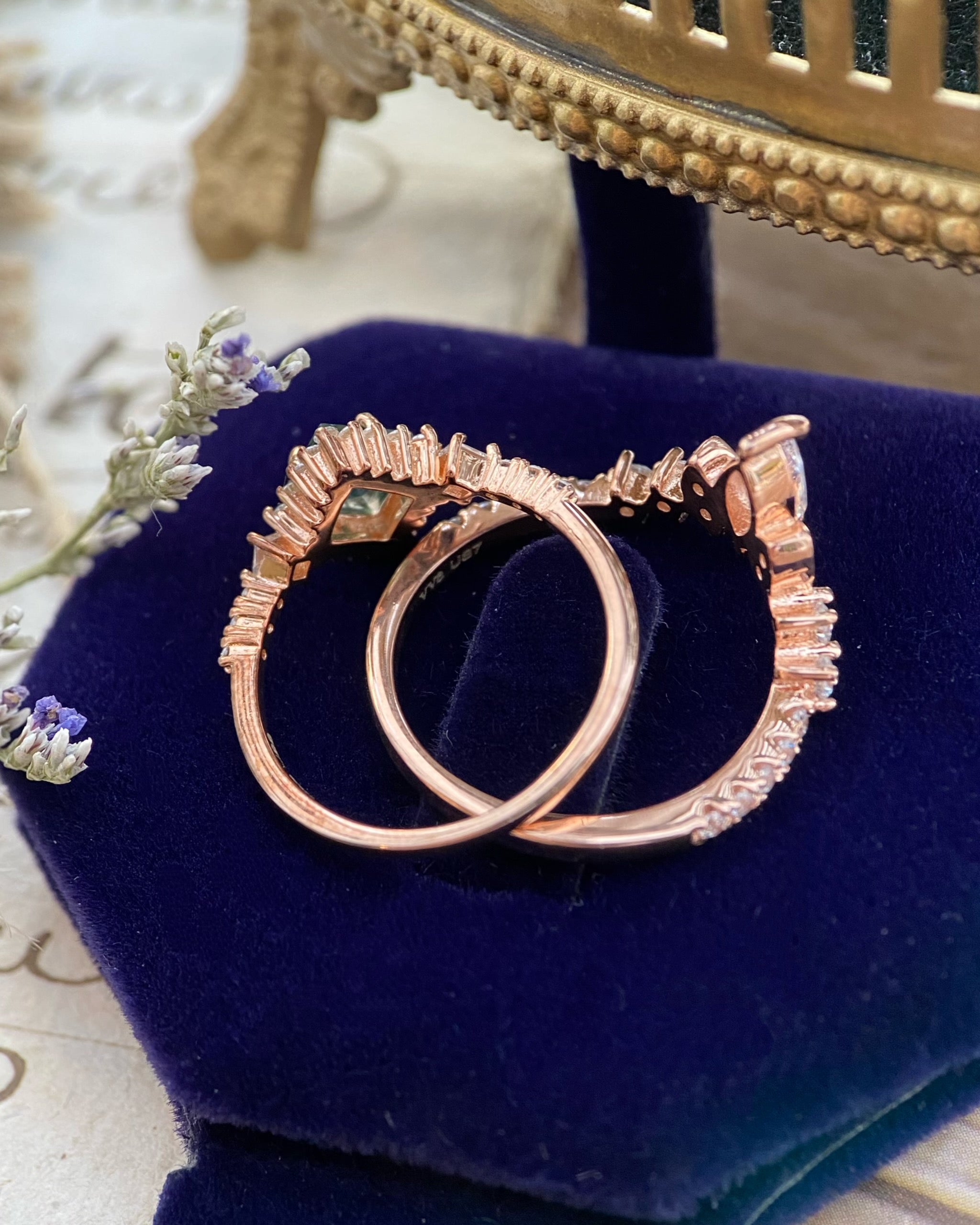 【RHIANNON SET】Unique Handmade Natural Moss Agate Engagement Ring Set 2pcs Princess Cut 0.75ct