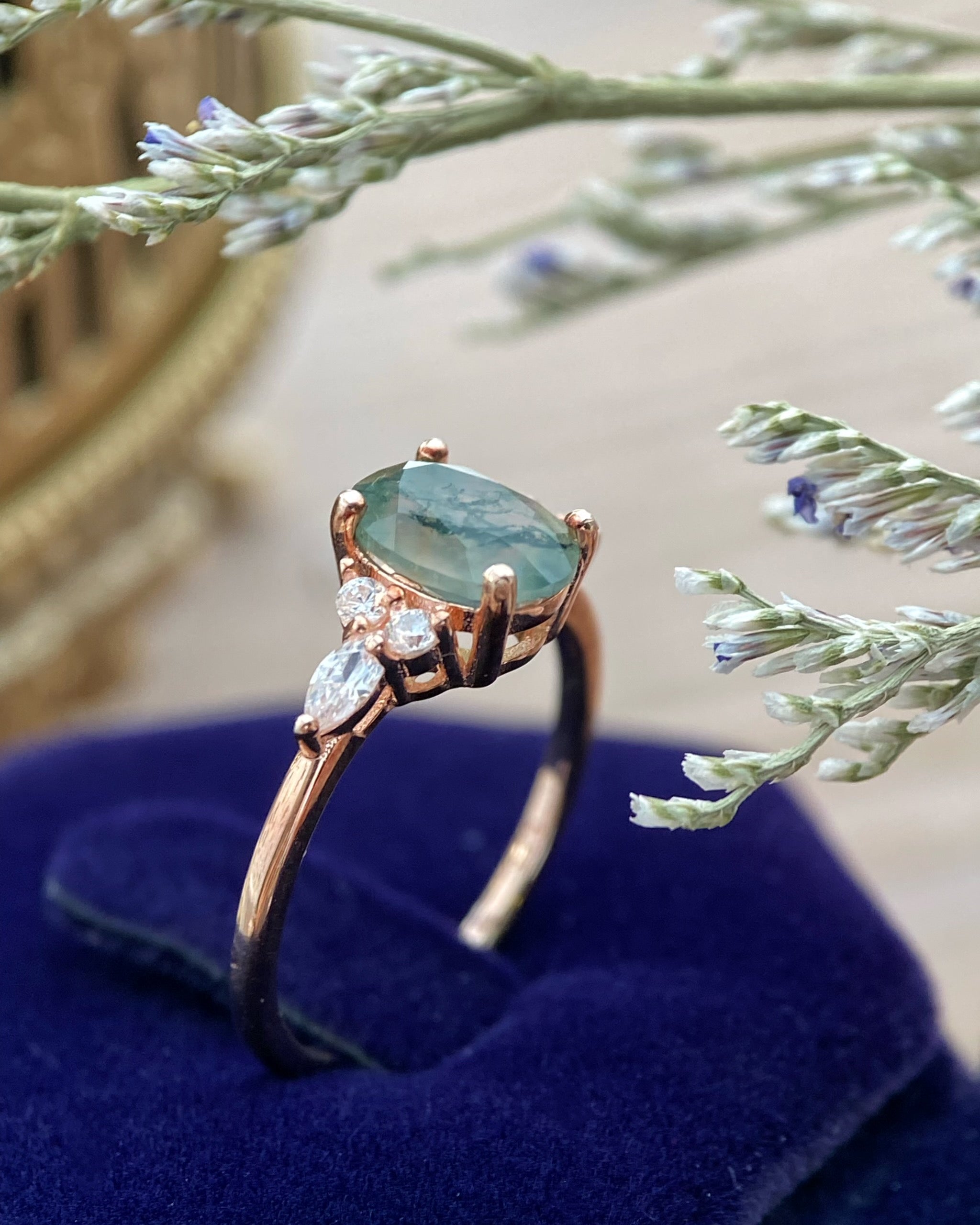 【Gala Garden】Unique Handmade Natural Moss Agate Engagement Ring 1.5ct Oval Cut