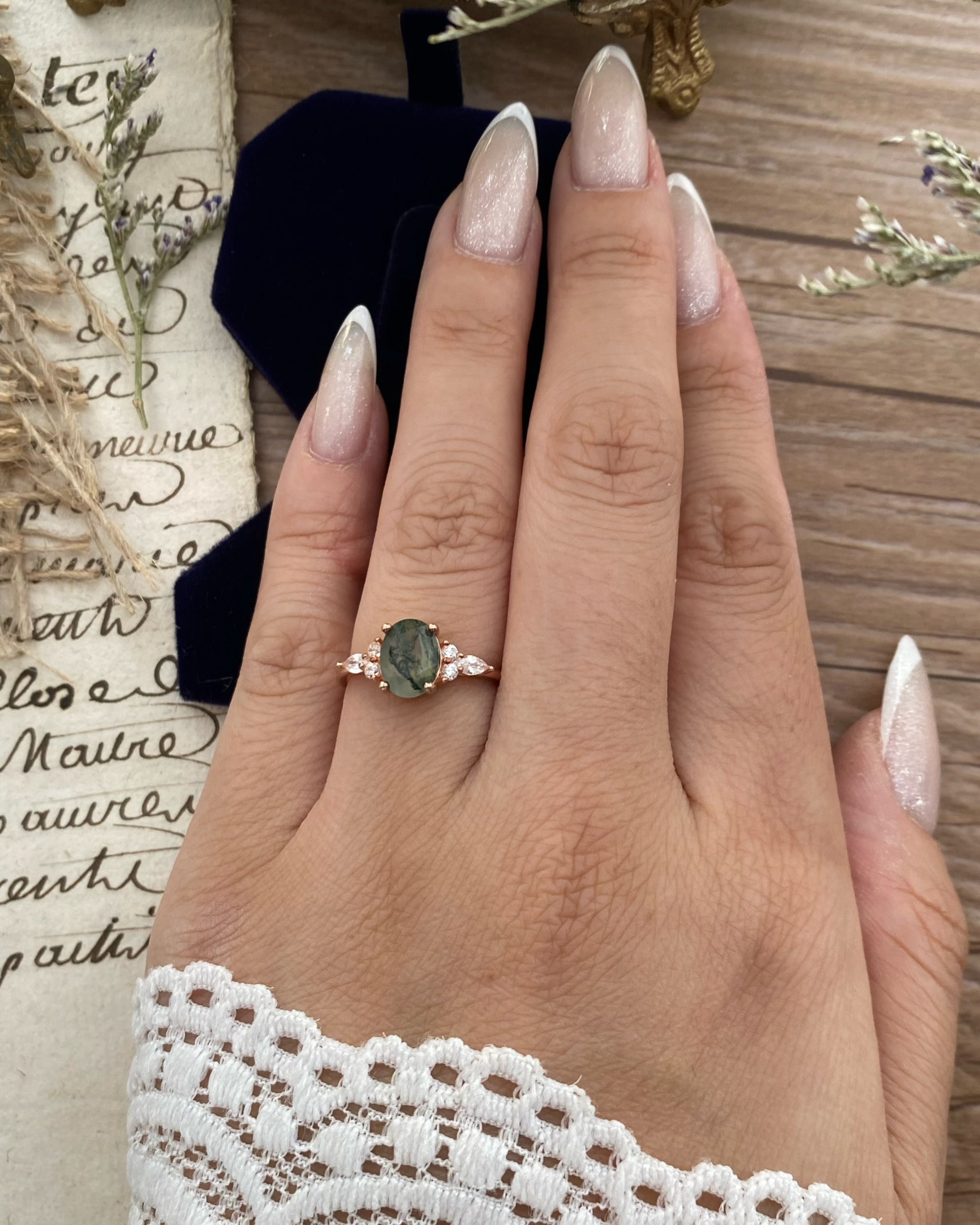 【Gala Garden】Unique Handmade Natural Moss Agate Engagement Ring 1.5ct Oval Cut