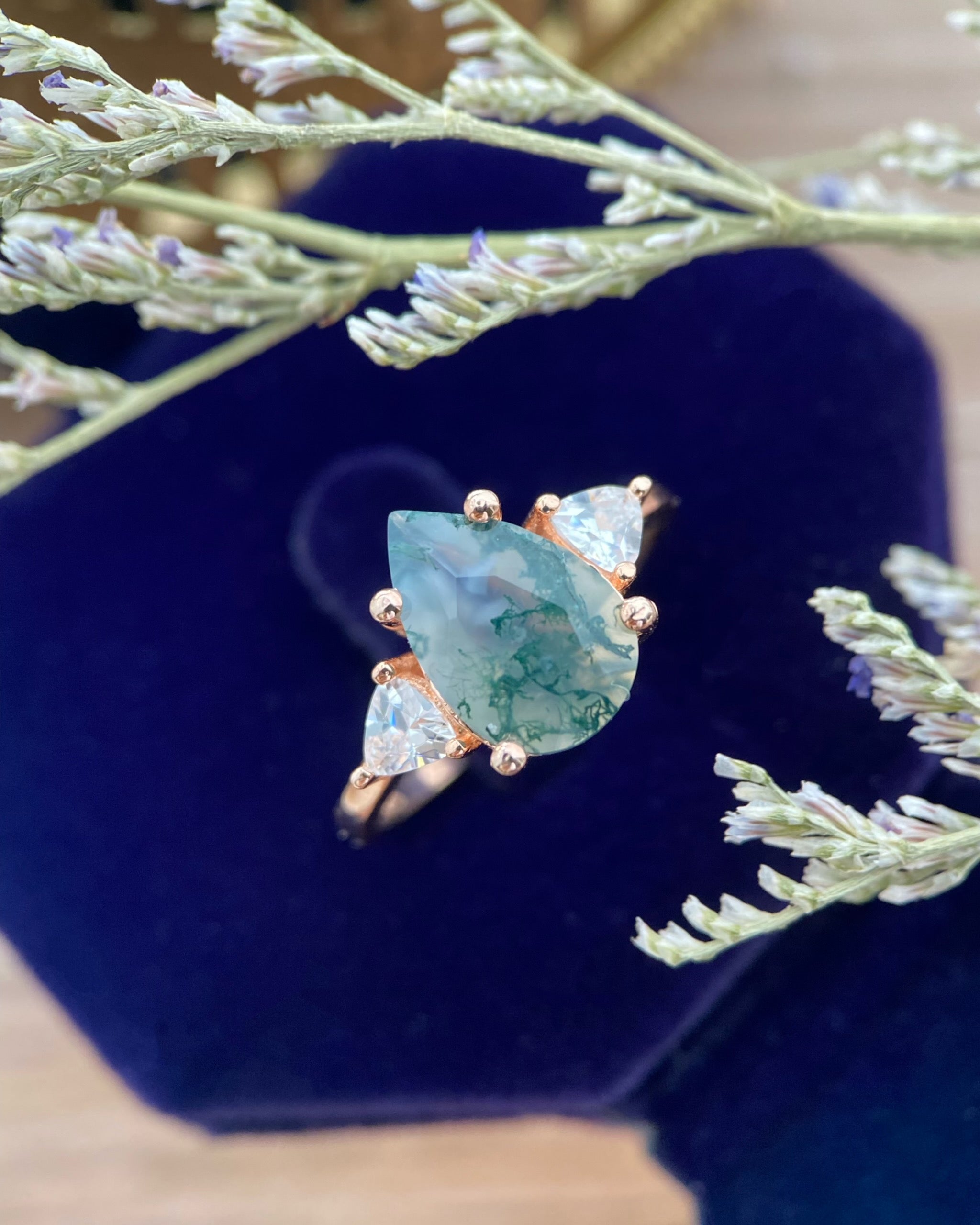 HAZEL | Unique Handmade Natural Moss Agate Engagement Ring 3ct Pear Shape