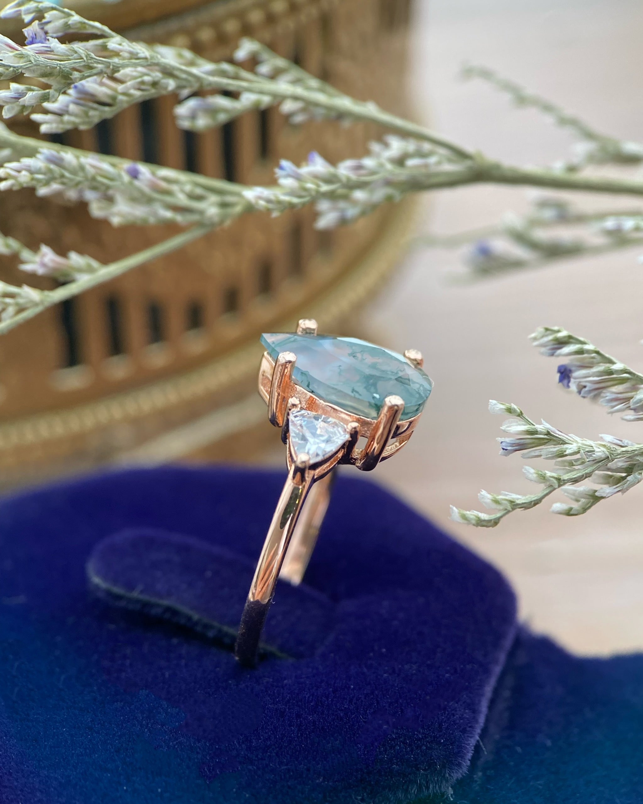 HAZEL | Unique Handmade Natural Moss Agate Engagement Ring 3ct Pear Shape