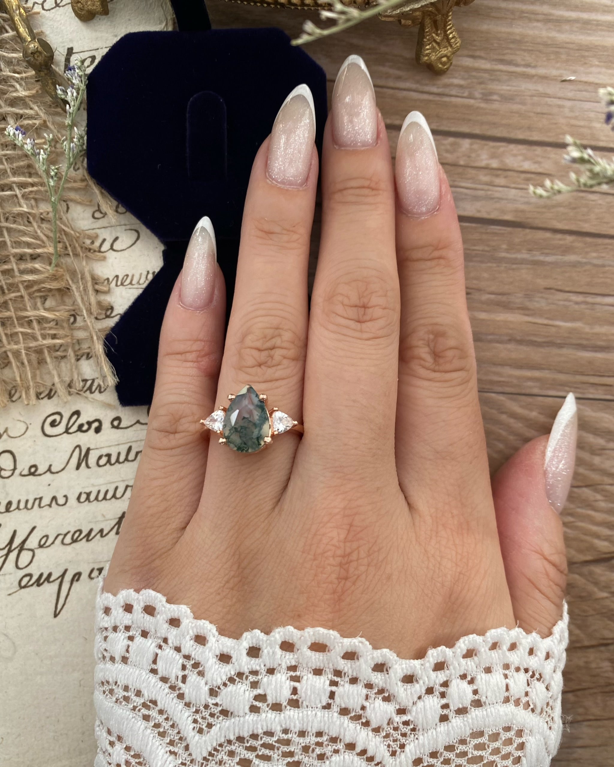 HAZEL | Unique Handmade Natural Moss Agate Engagement Ring 3ct Pear Shape