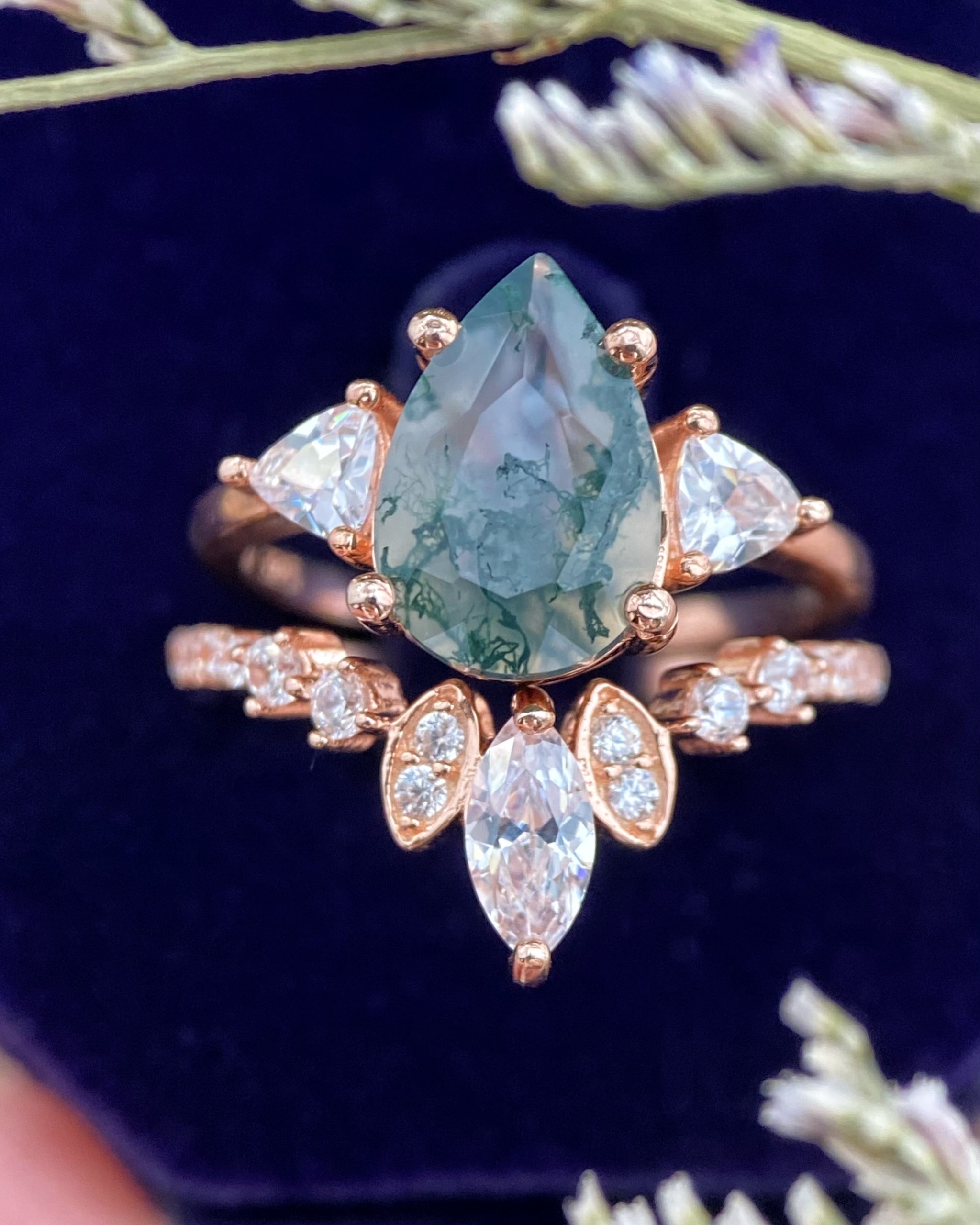 【ENSEMBLE NOISETTE】Ensemble de 2 bagues de fiançailles uniques, faites à la main, en agate mousse naturelle, 3 carats, forme poire