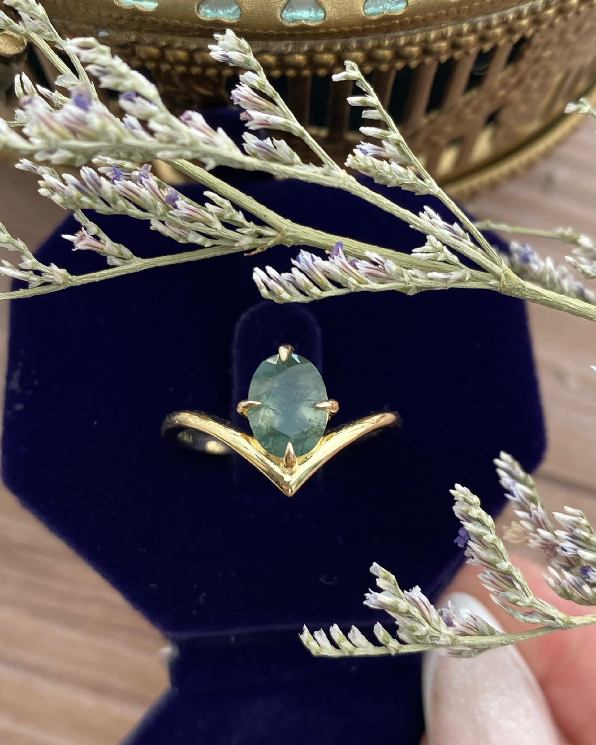 【JADE】Bague de fiançailles unique en agate mousse naturelle, faite à la main, de forme ovale, 1,5 carat