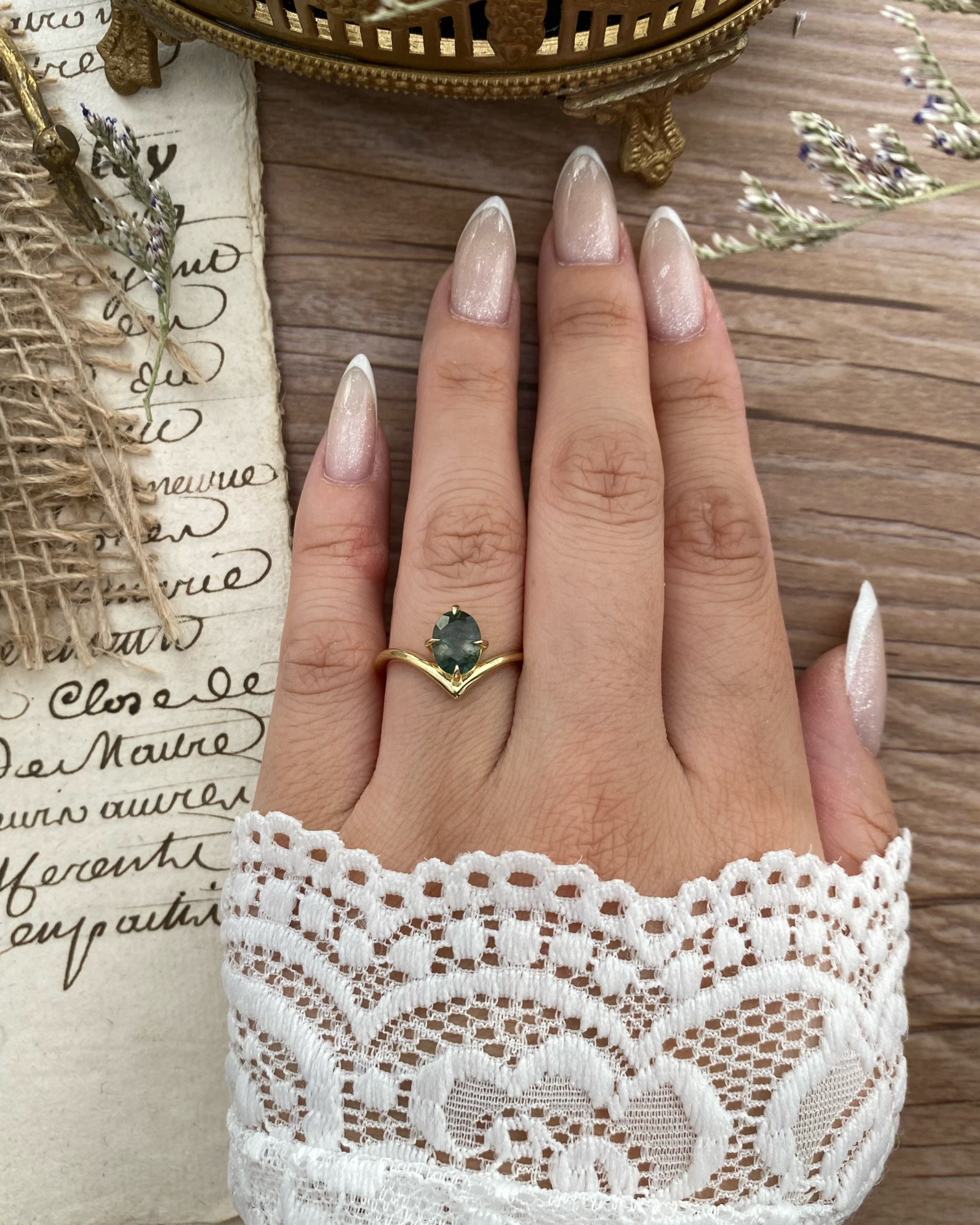 【JADE】Unique Handmade Natural Moss Agate Engagement Ring Oval Cut 1.5ct