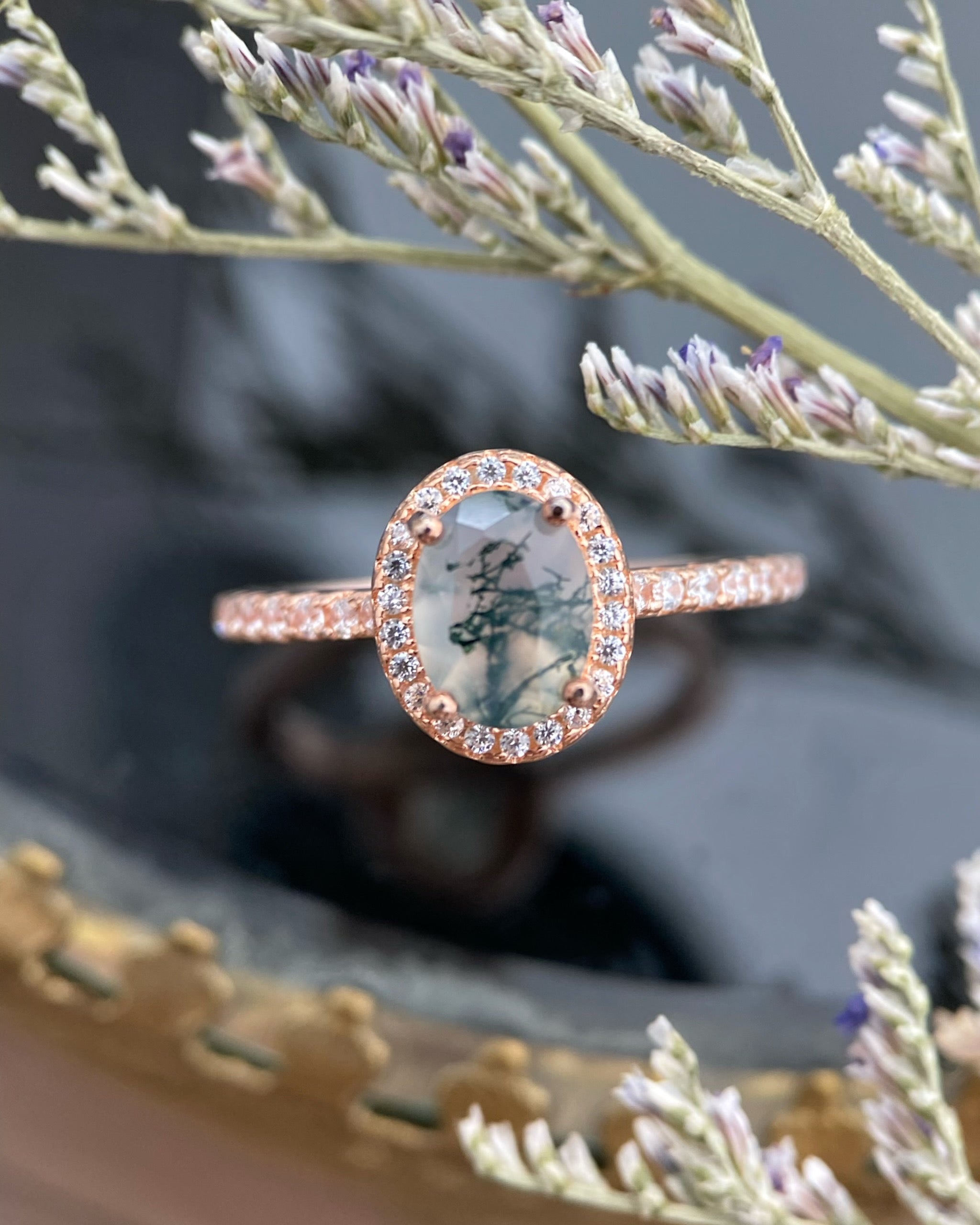 【Enchanted Grove】Unique Handmade Natural Moss Agate Engagement Ring 1.5ct Oval Cut