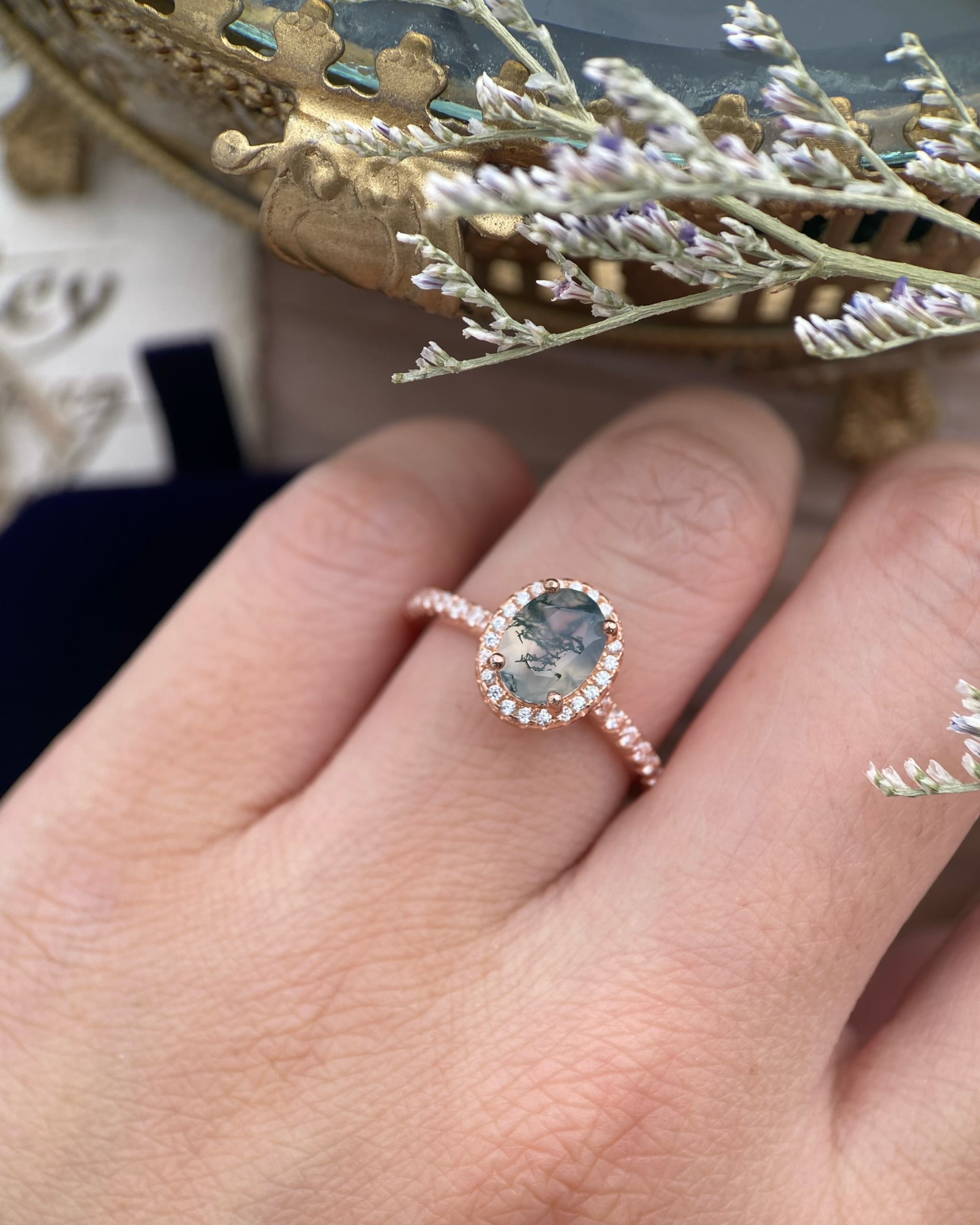 【Enchanted Grove】Unique Handmade Natural Moss Agate Engagement Ring 1.5ct Oval Cut