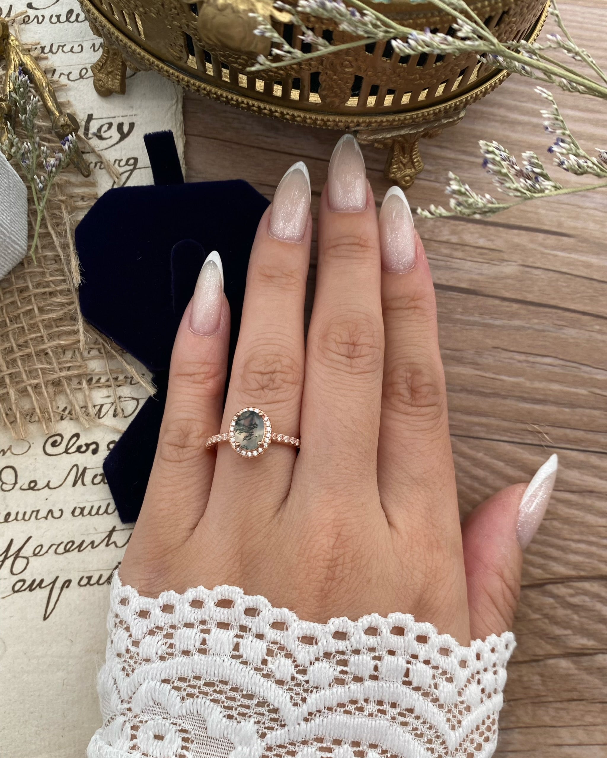 【Enchanted Grove】Unique Handmade Natural Moss Agate Engagement Ring 1.5ct Oval Cut