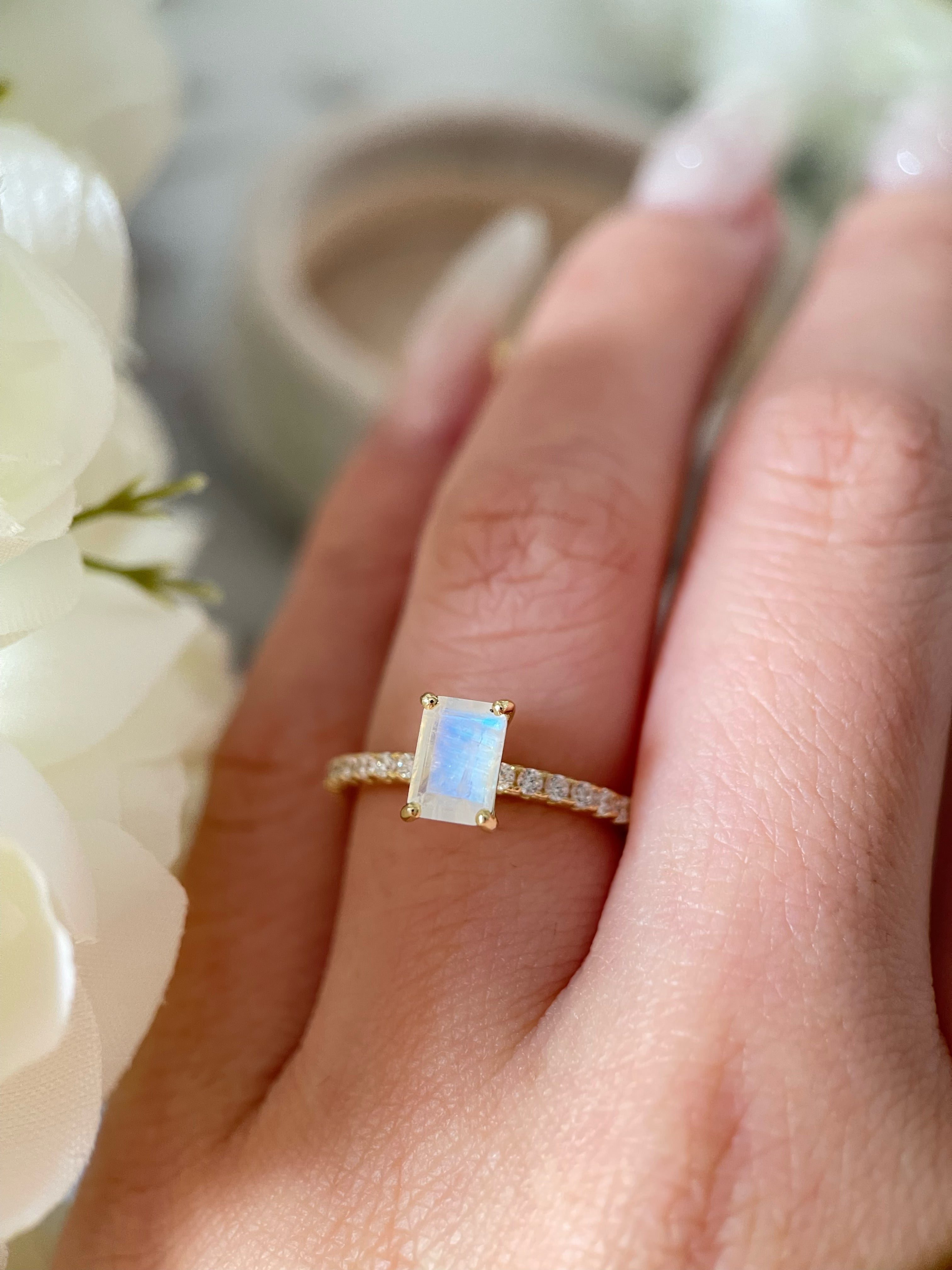 【Iris】Unique Handmade Natural Blue Moonstone Engagement Ring 1ct Emerald Cut