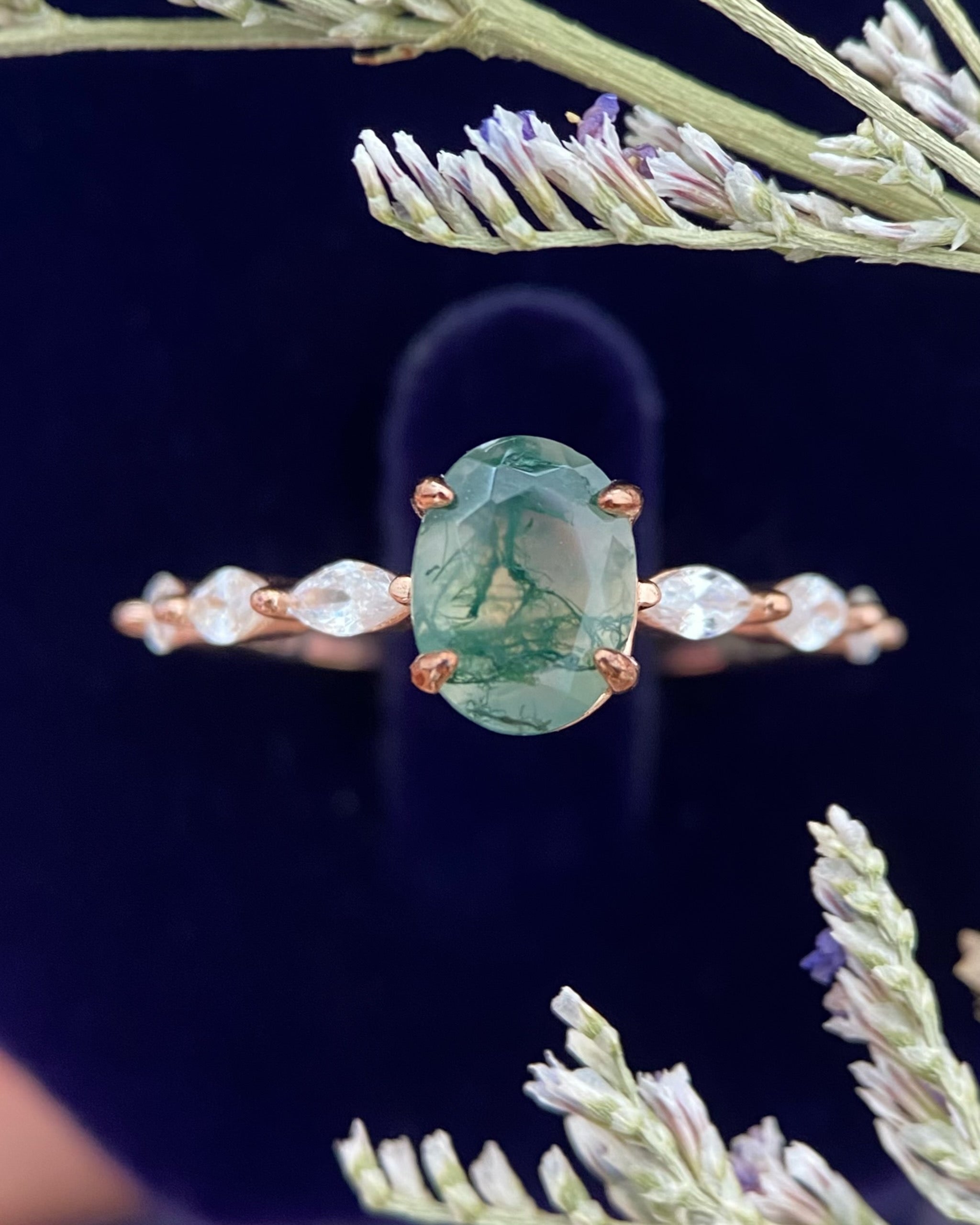 【Greenwood】Unique Handmade Natural Moss Agate Engagement Ring 1.5ct Oval Cut