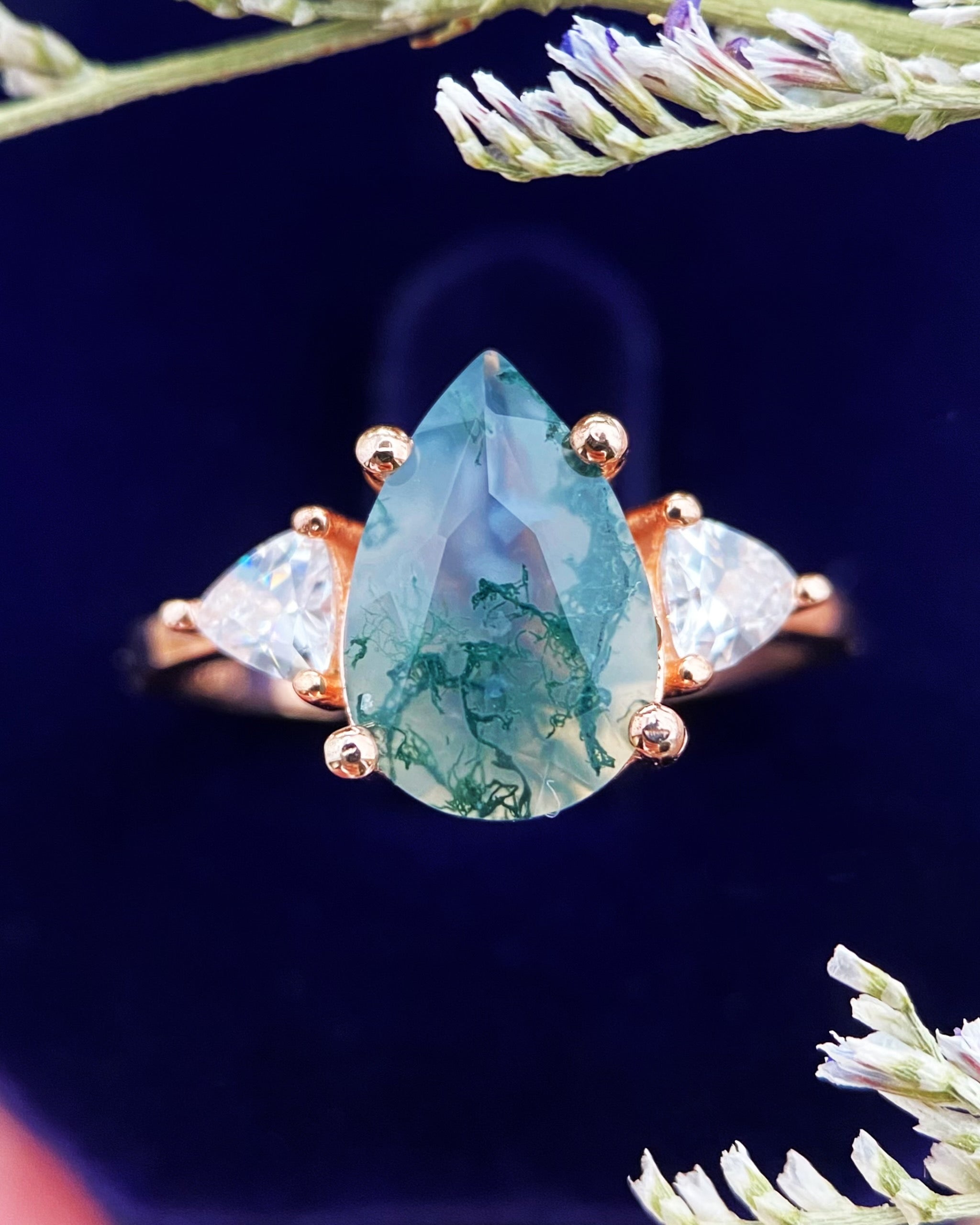 【HAZEL】Unique Handmade Natural Moss Agate Engagement Ring 3ct Pear Shape