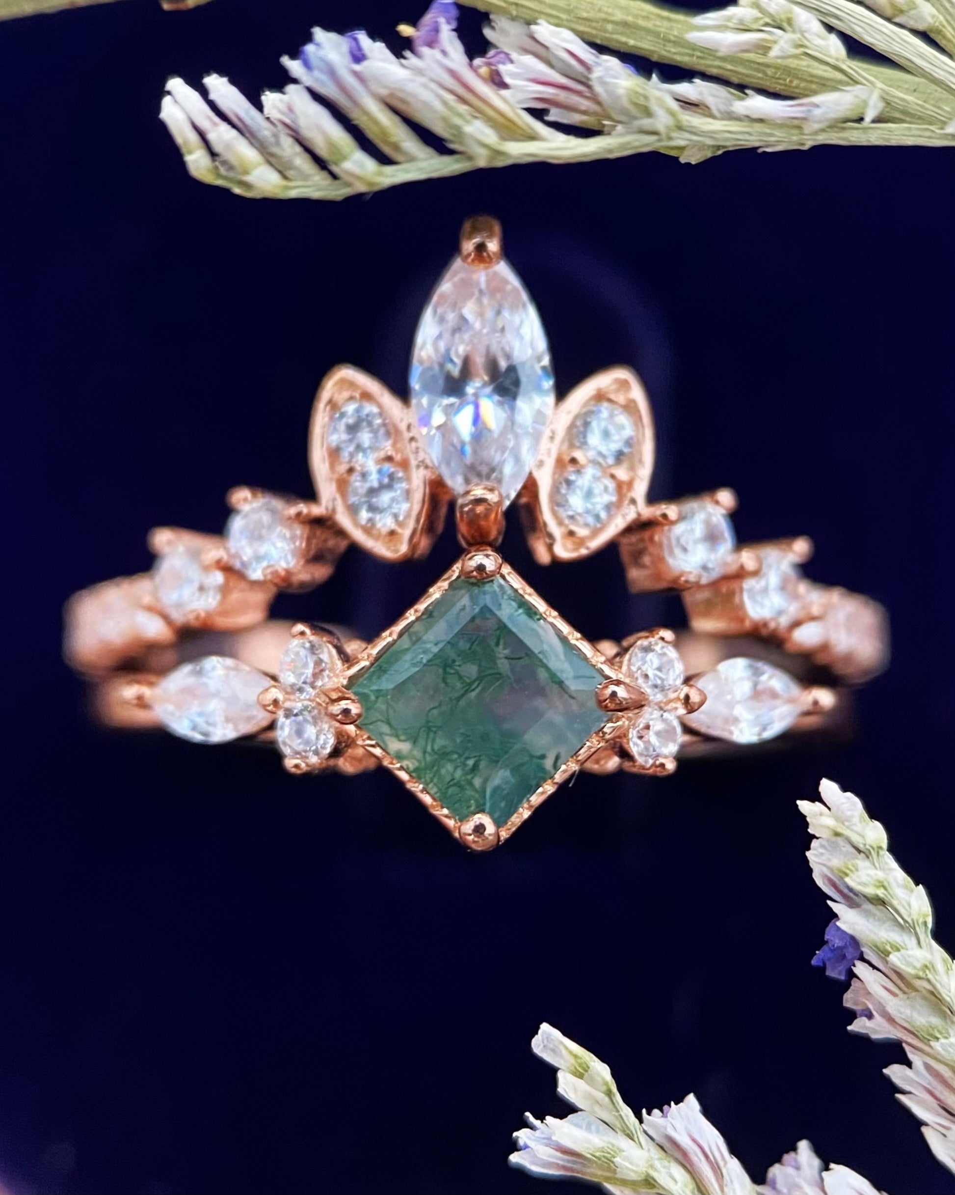 【GAIA SET】Unique Handmade Natural Moss Agate Engagement Ring Set 2pcs 0.75ct Princess Cut