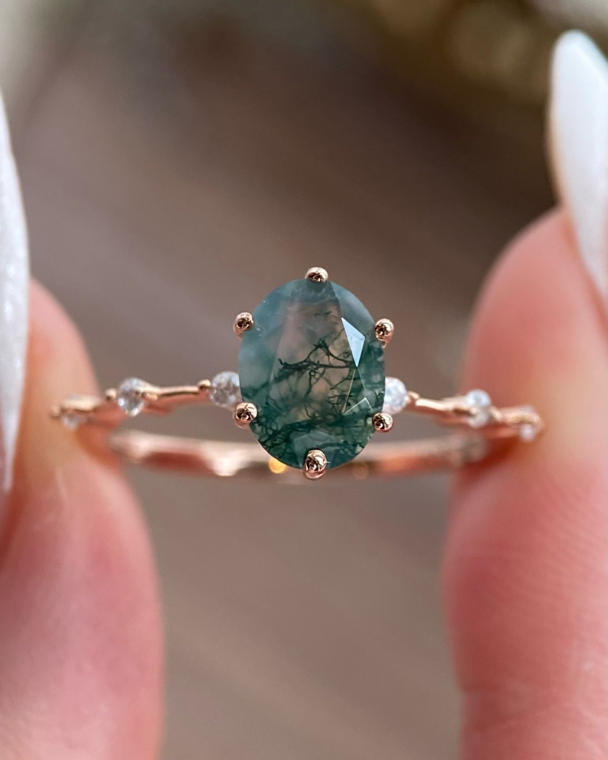 【Rootkeeper】Unique Handmade Natural Moss Agate Engagement Ring  1.5ct Oval Cut