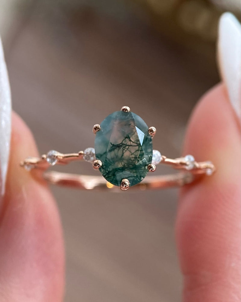【Rootkeeper】Unique Handmade Natural Moss Agate Engagement Ring  1.5ct Oval Cut