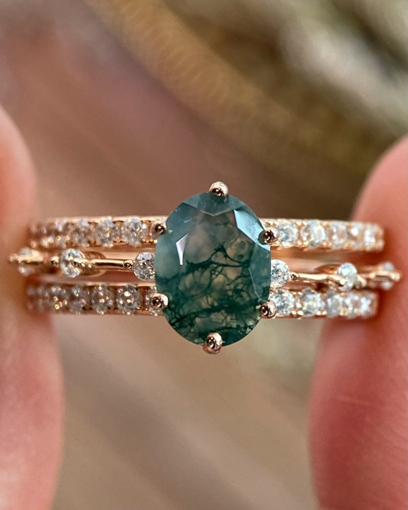 【Rootkeeper Set】Unique Handmade Natural Moss Agate Engagement Ring Set 3pcs 1.5ct Oval Cut