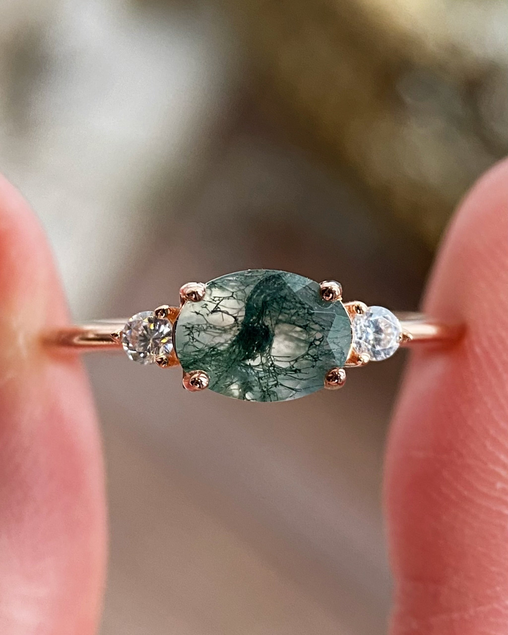 【Ethereal Veil】Unique Handmade Natural Moss Agate Engagement Ring 1.5ct Oval Cut