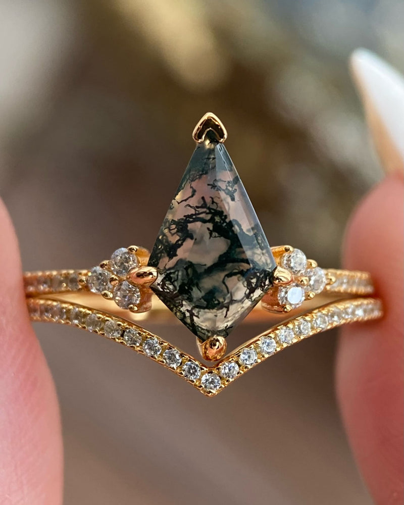 Shadowwood | Witchy Art Deco Inspired Moss Agate Engagement Ring Set Solid 14K Gold Kite Cut