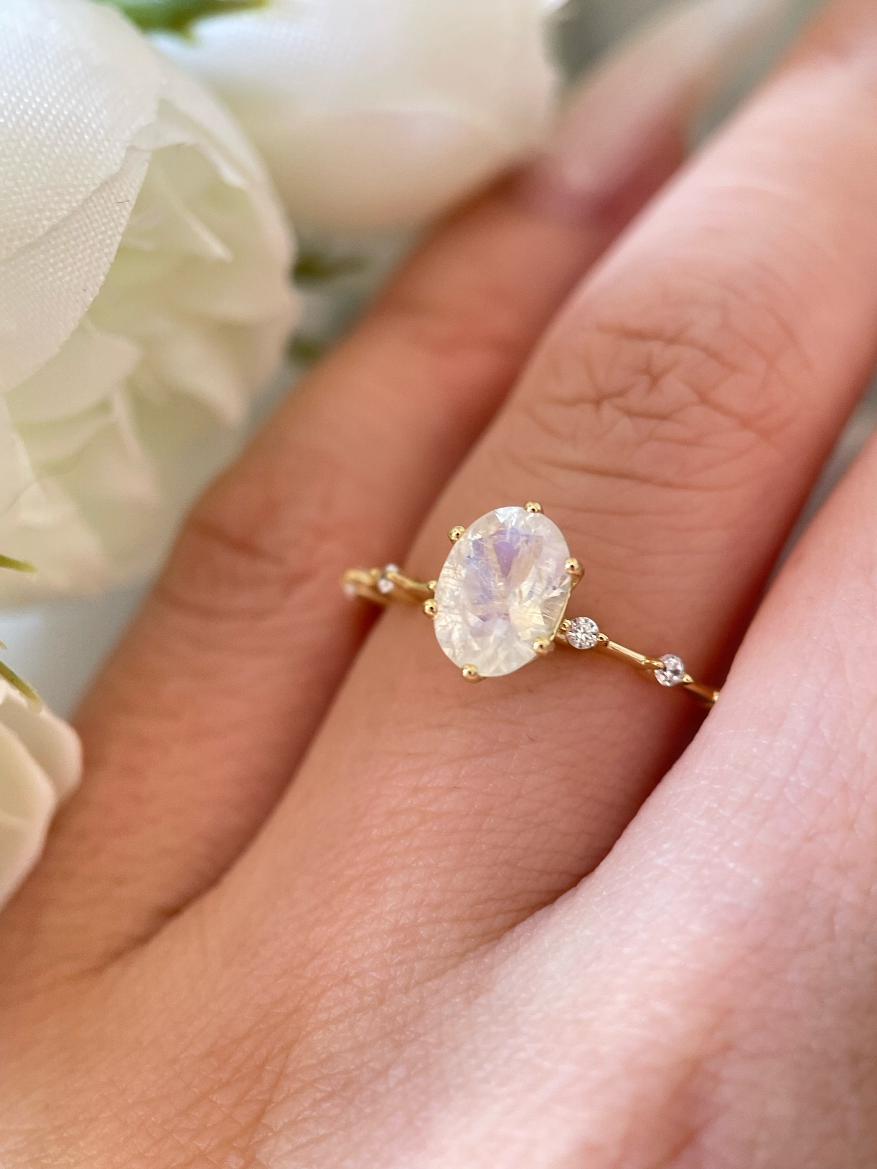 【Eternal Phases】Unique Handmade Natural Blue Moonstone Engagement Ring 1.5ct Oval Cut