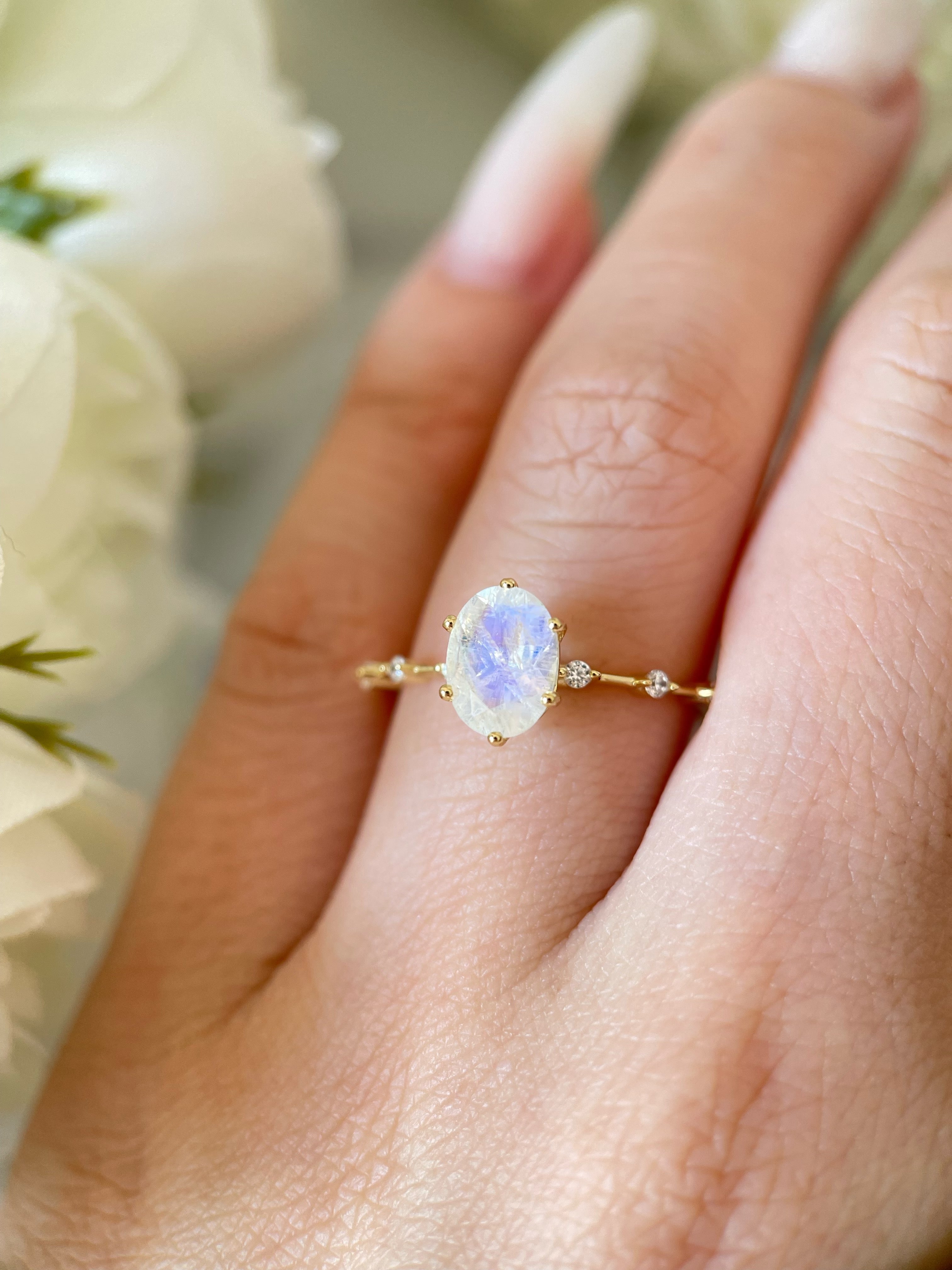 【Eternal Phases】Unique Handmade Natural Blue Moonstone Engagement Ring 1.5ct Oval Cut