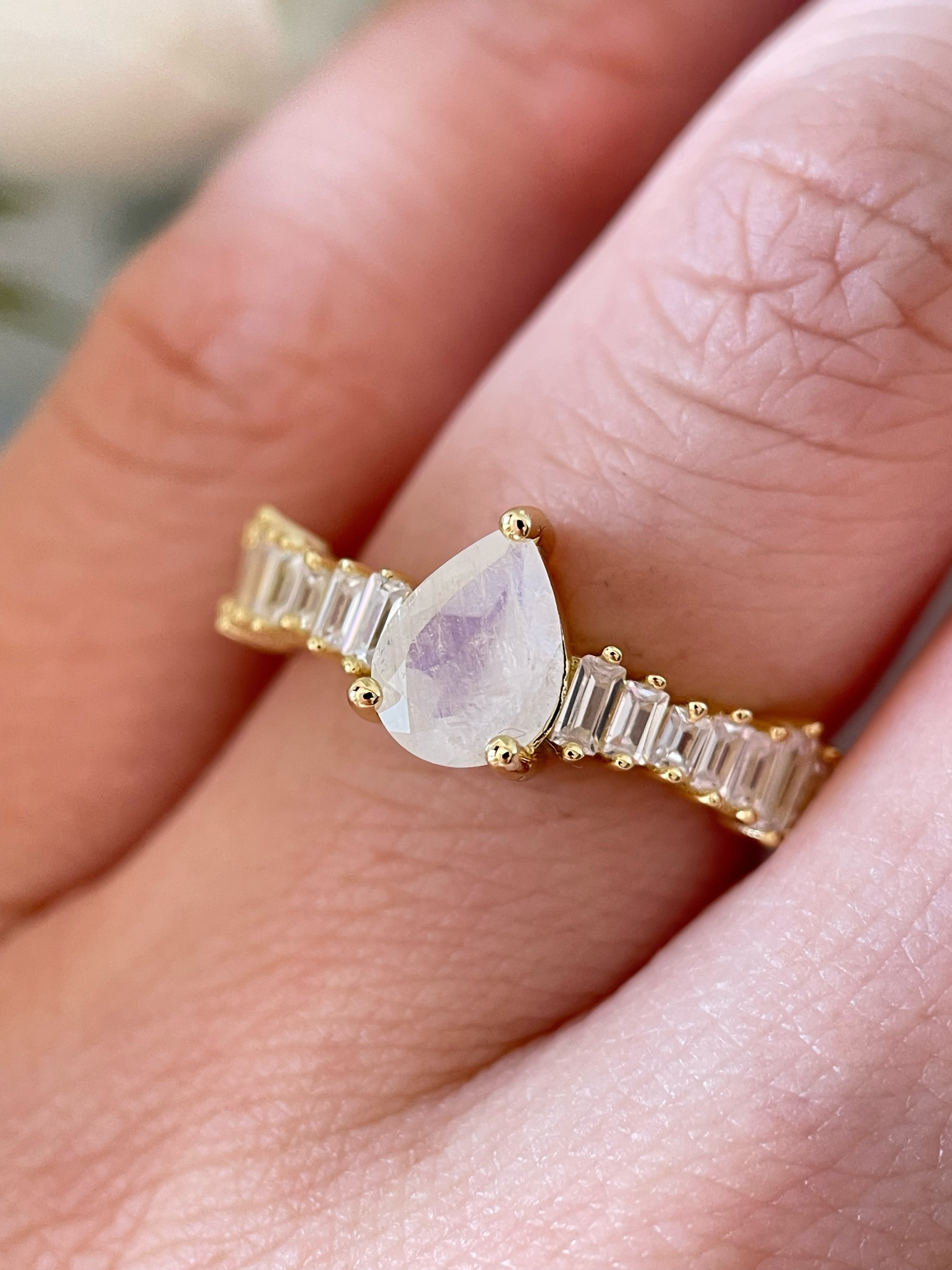 【Chalice】Unique Handmade Natural Blue Moonstone Engagement Ring 0.8ct Pear Shape