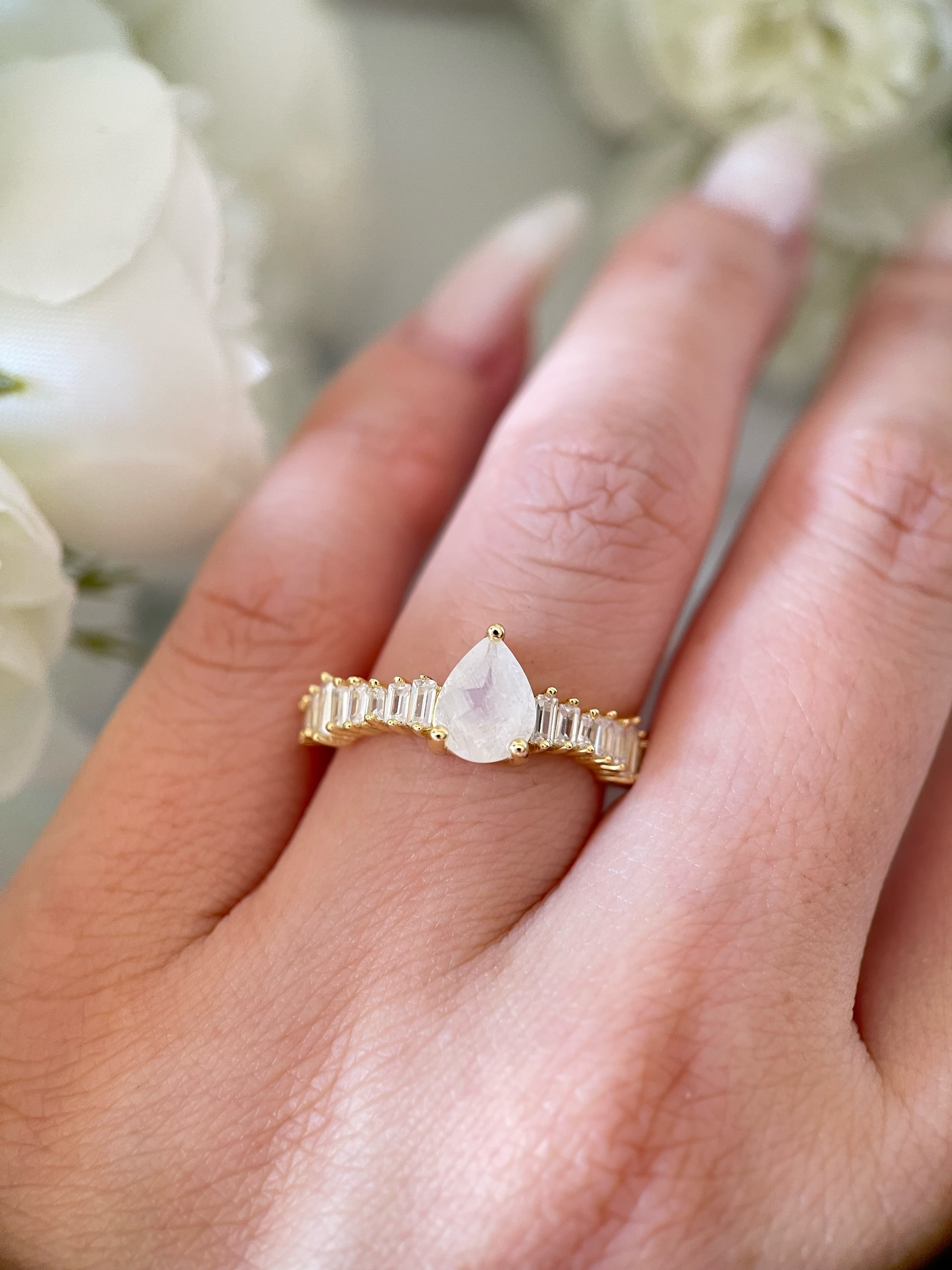 【Chalice】Unique Handmade Natural Blue Moonstone Engagement Ring 0.8ct Pear Shape